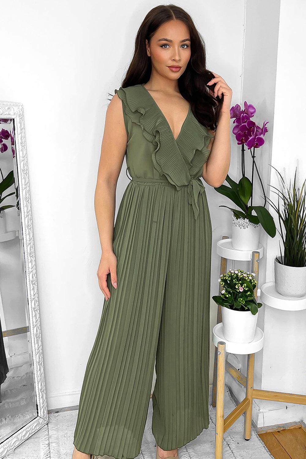 Frilled Front Sleeveless Chiffon Jumpsuit-SinglePrice