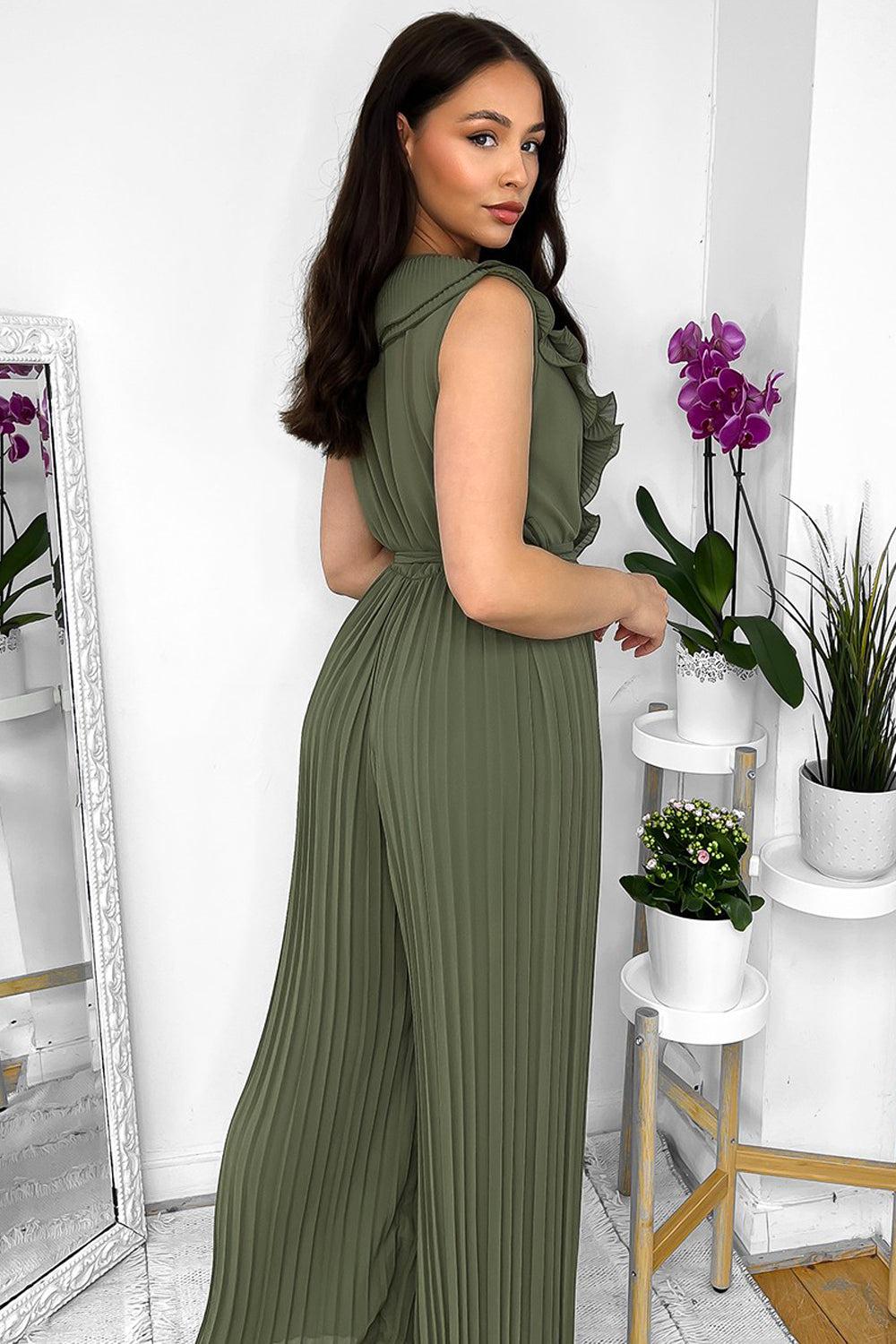 Frilled Front Sleeveless Chiffon Jumpsuit-SinglePrice