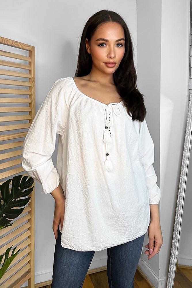 White Cotton Tassel Ties Tunic-SinglePrice