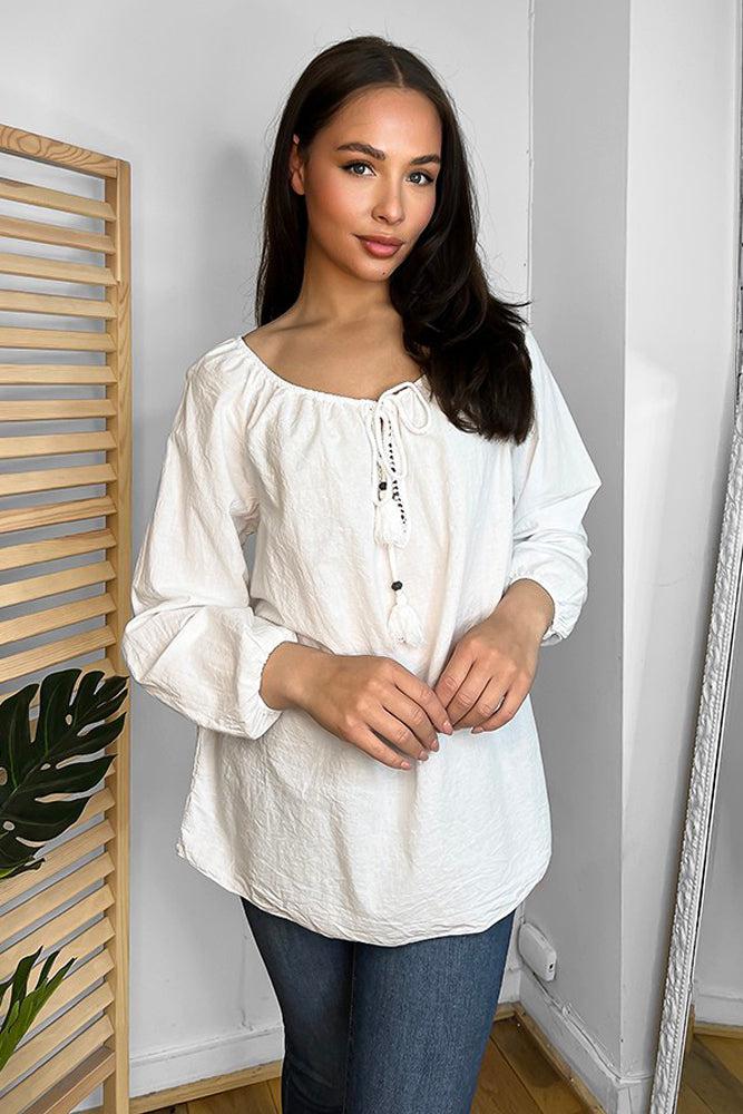 White Cotton Tassel Ties Tunic-SinglePrice