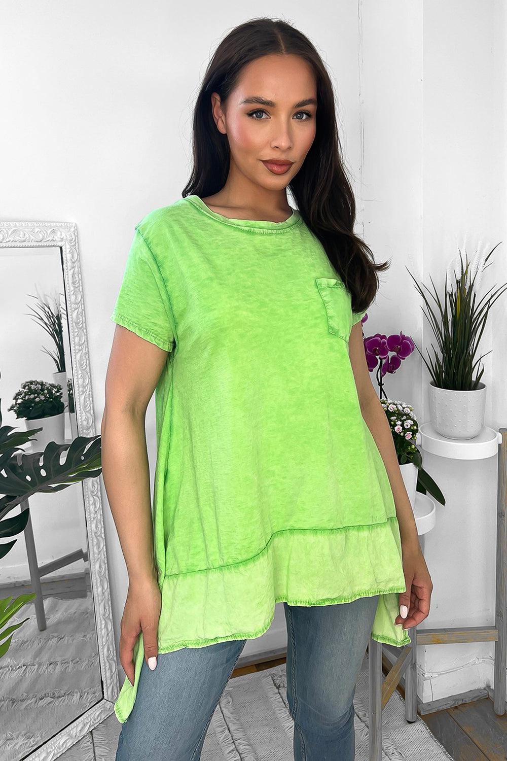 Green 100% Cotton Dipped Sides Hem Top-SinglePrice