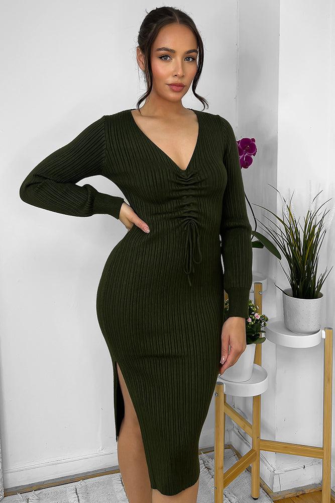 Ribbed Drawstring To Front Side Split Midi Dress-SinglePrice