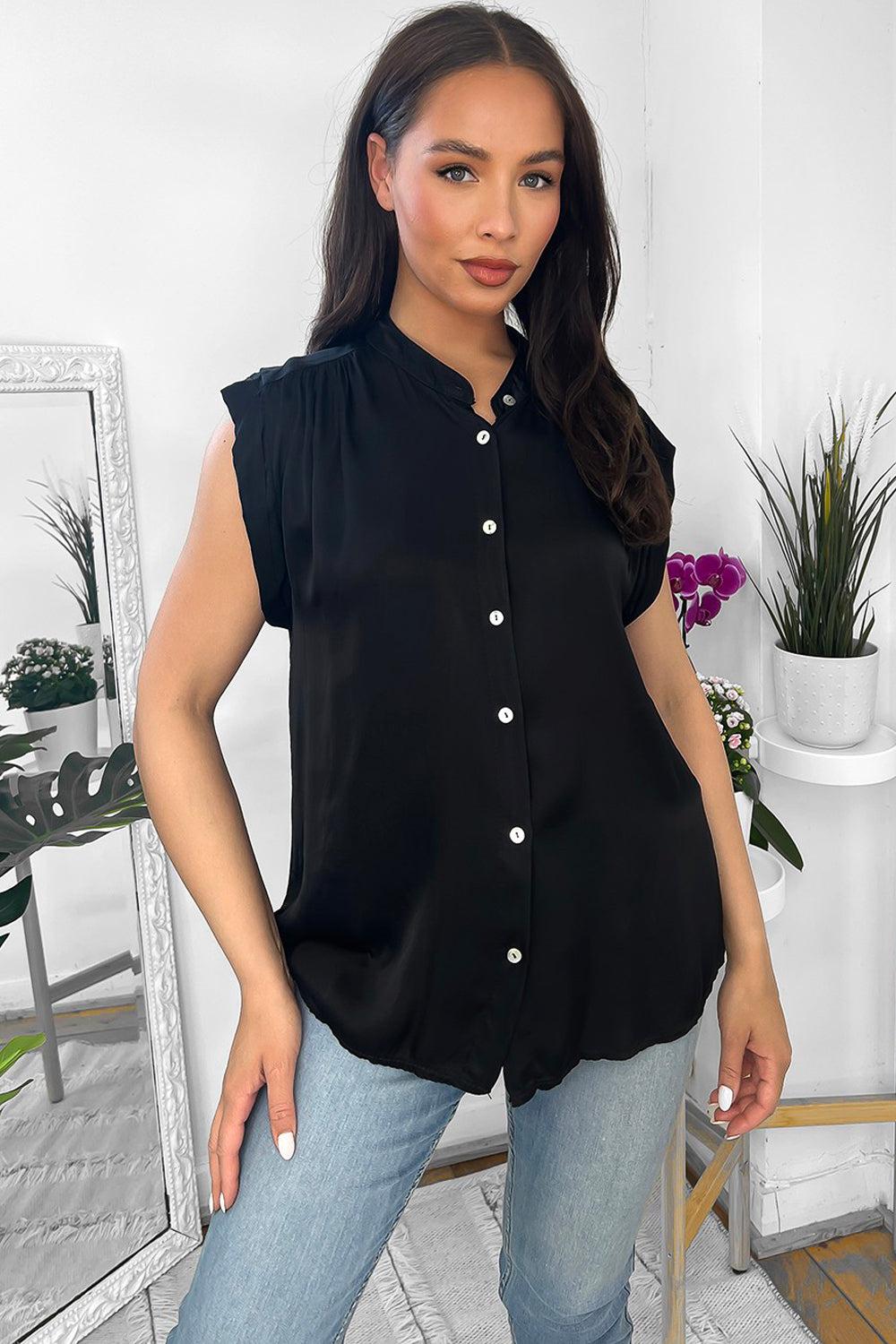 Black Satin High Neck Sleeveless Blouse-SinglePrice
