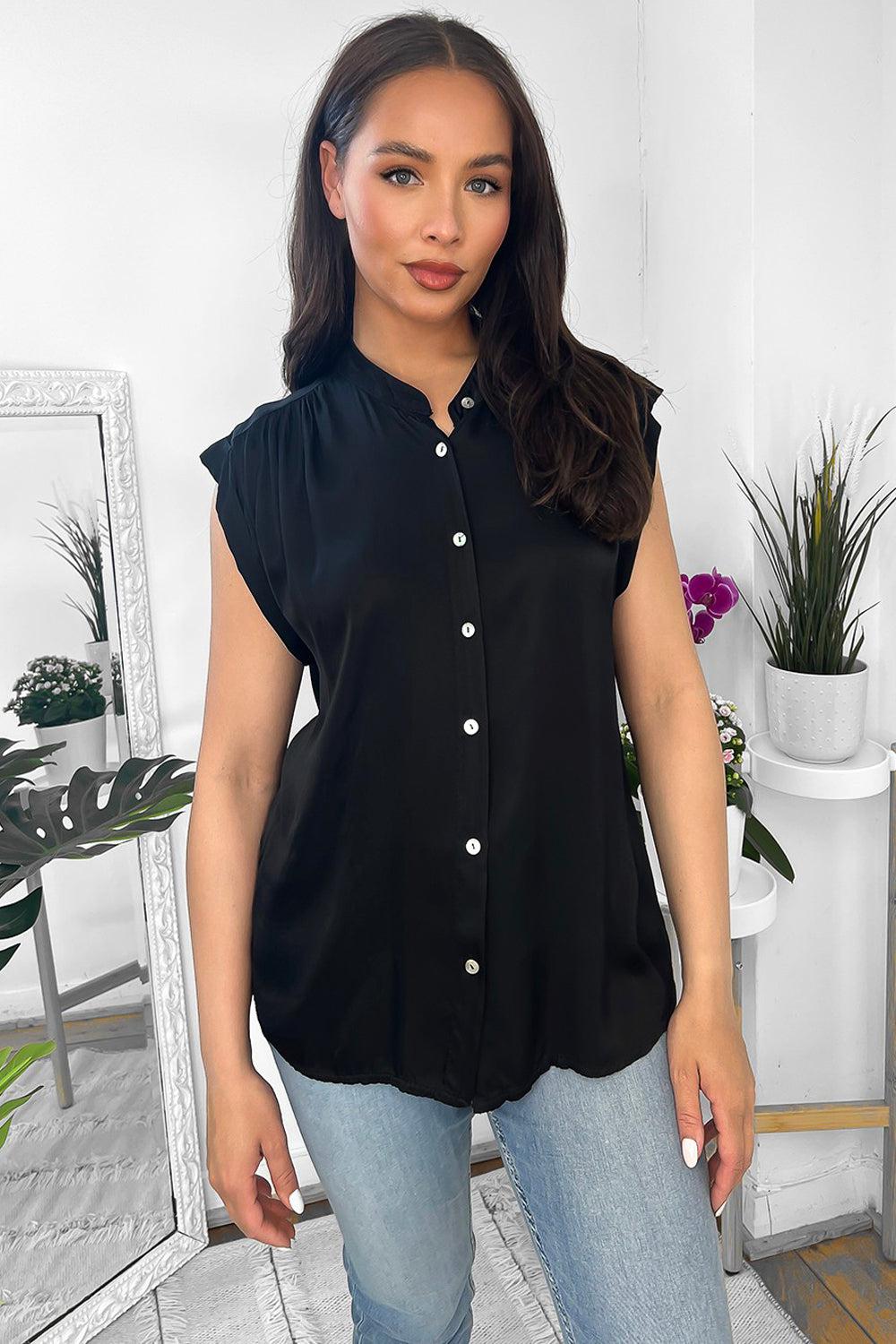 Black Satin High Neck Sleeveless Blouse-SinglePrice