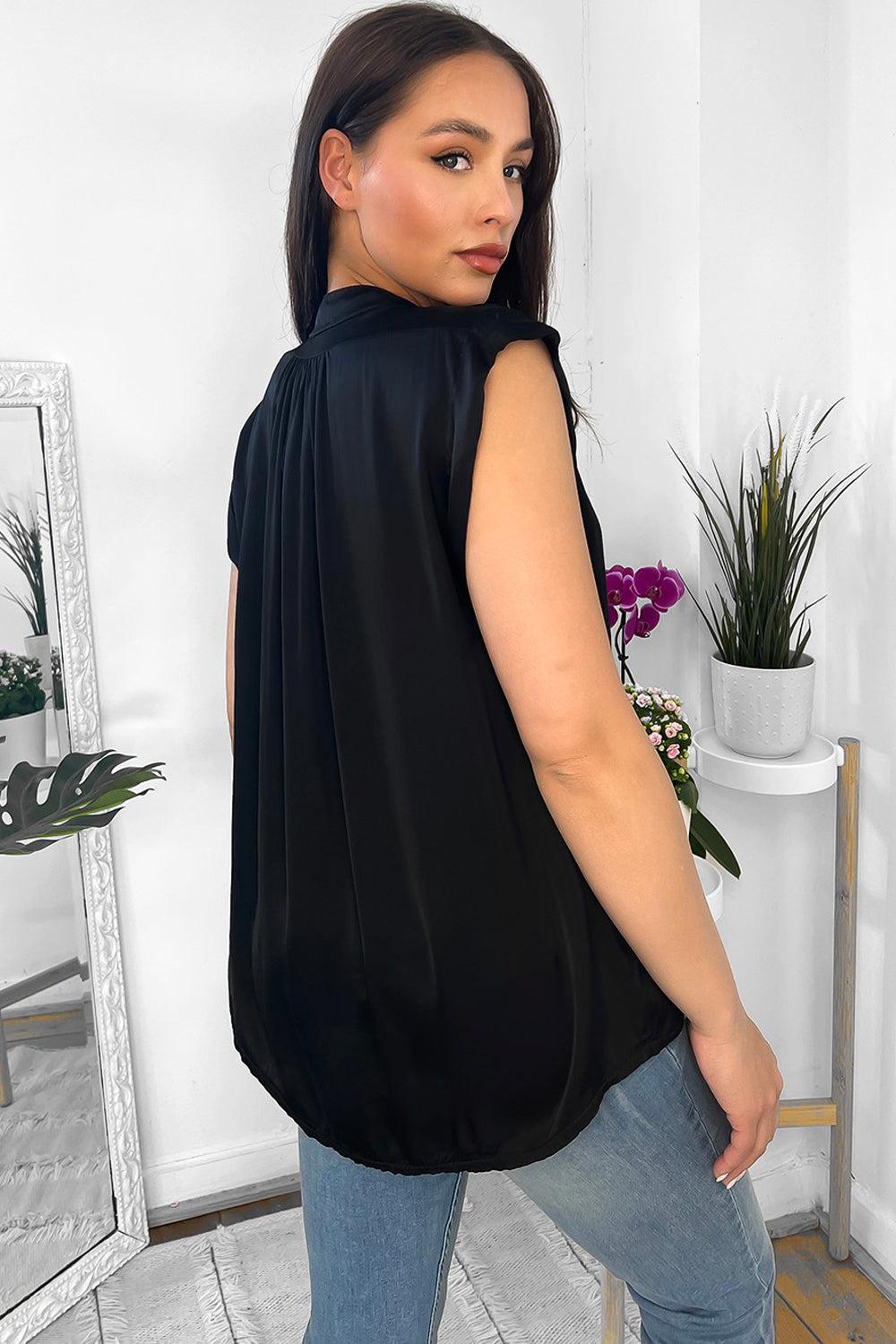 Black Satin High Neck Sleeveless Blouse-SinglePrice