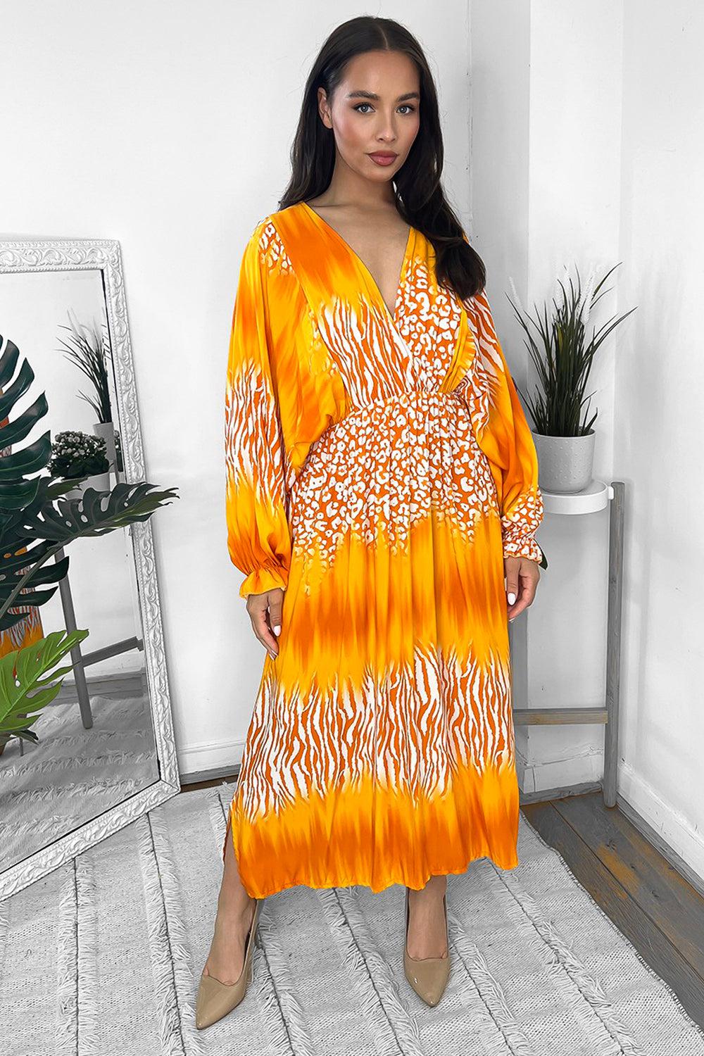 Multicolour Ptint Fixed Wrap Batwing Maxi Dress-SinglePrice
