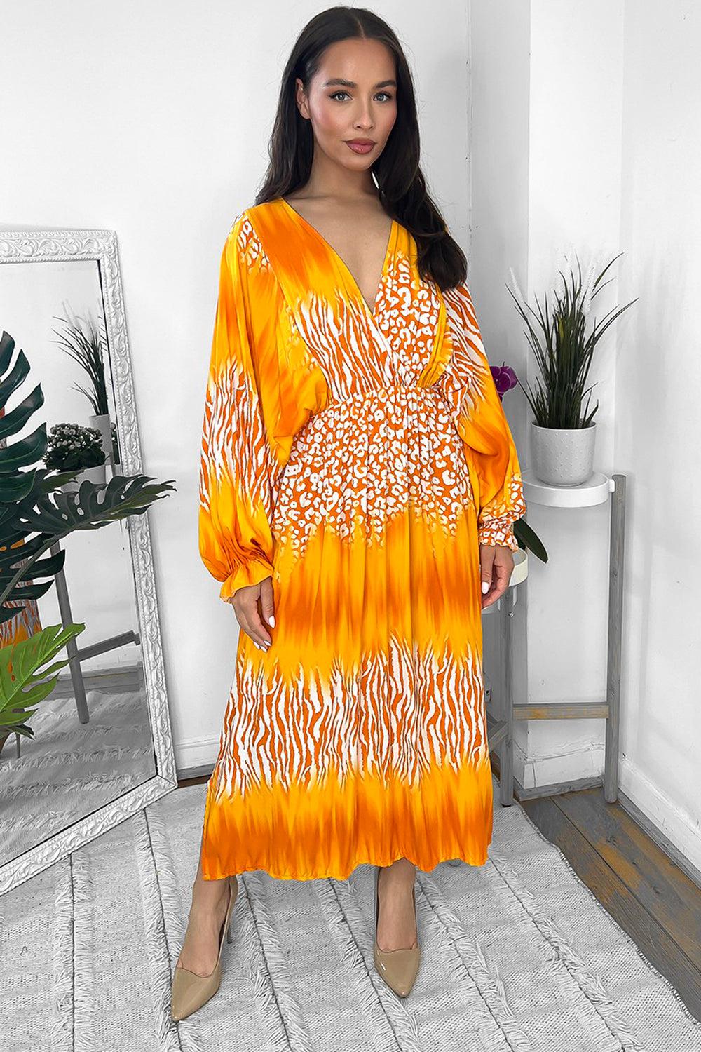 Multicolour Ptint Fixed Wrap Batwing Maxi Dress-SinglePrice