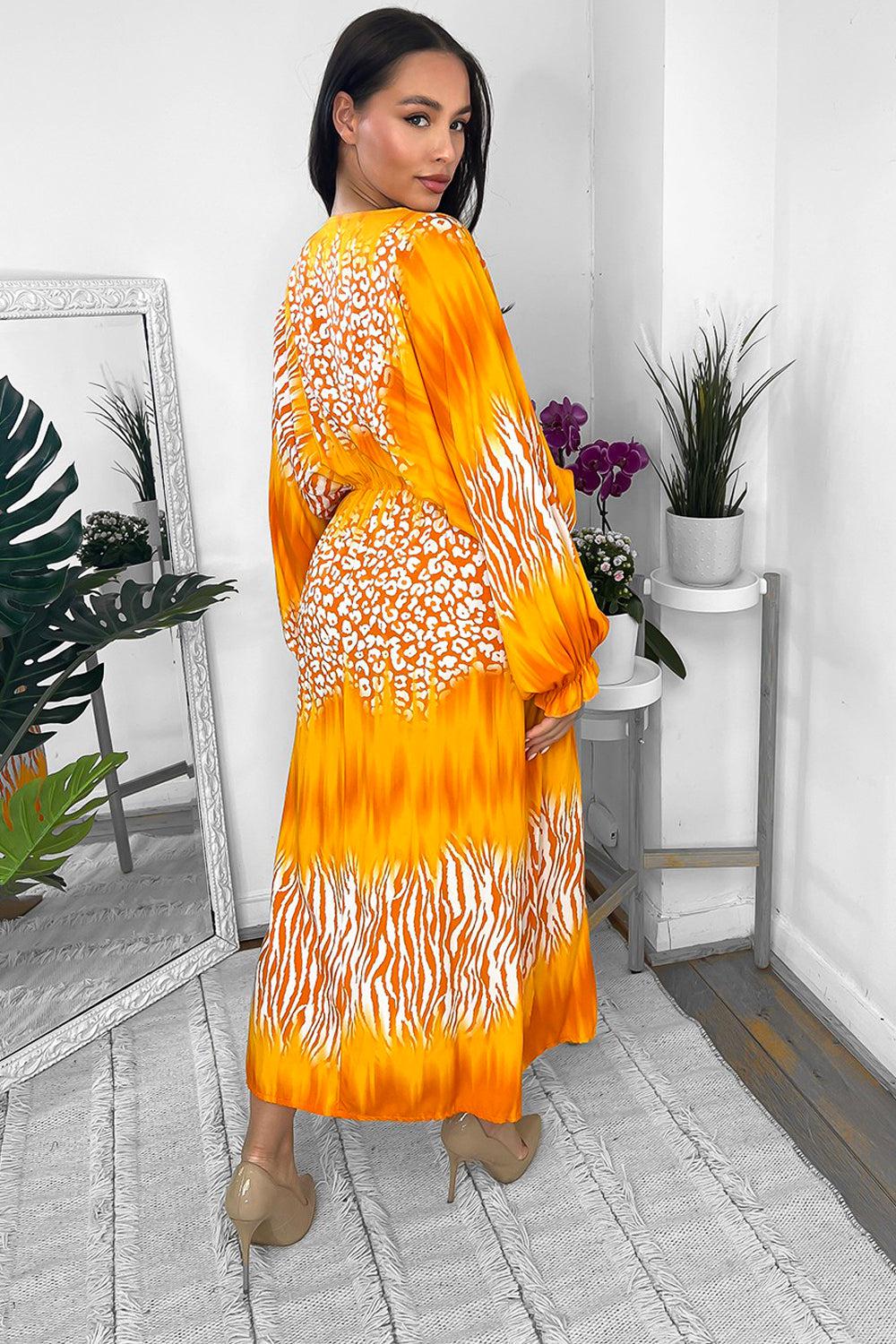 Multicolour Ptint Fixed Wrap Batwing Maxi Dress-SinglePrice