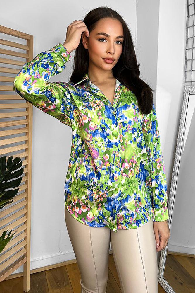 Multicolour Floral Watercolour Print Satin Shirt-SinglePrice