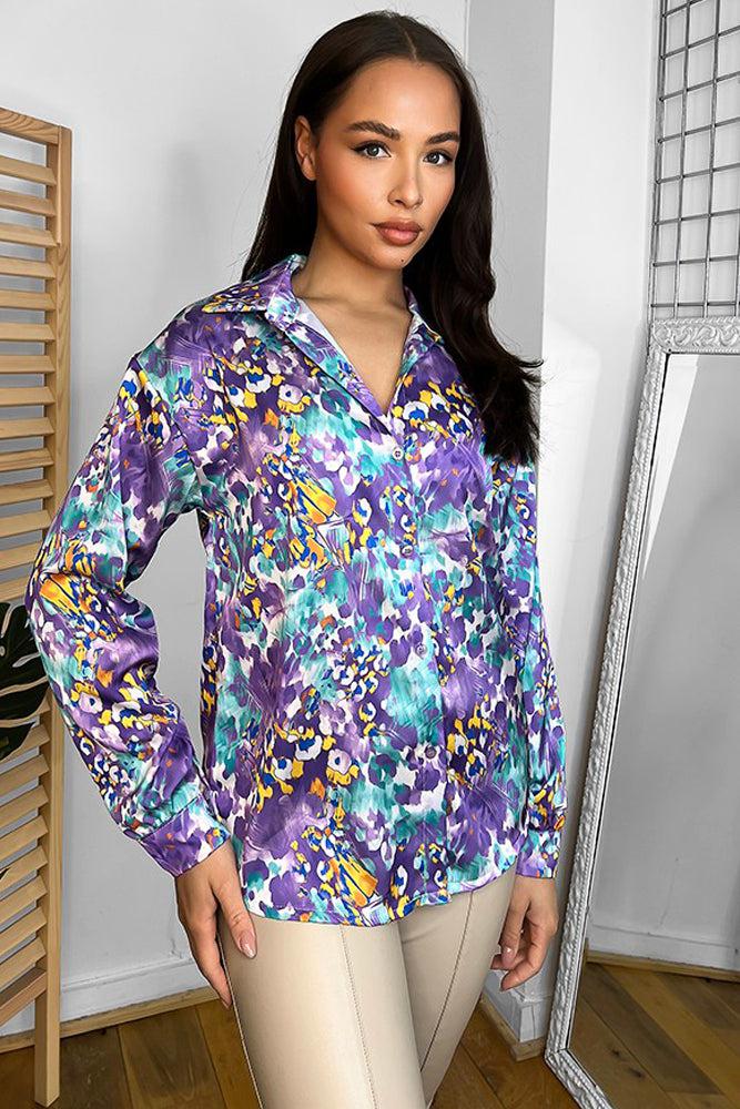 Multicolour Floral Watercolour Print Satin Shirt-SinglePrice
