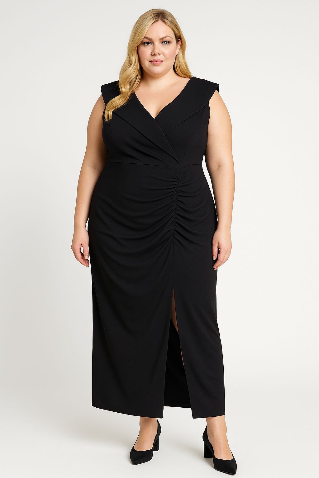 Crepe Frill Low Cut Neckline Ruched Elegant Slit Maxi Dress
