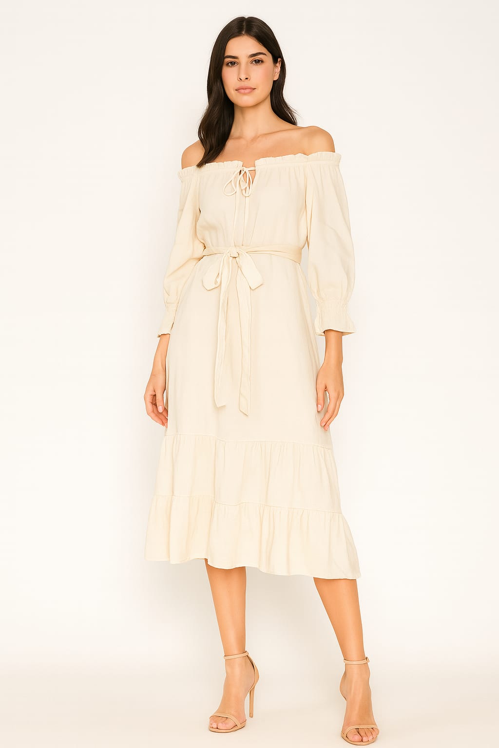 Off Shoulder Long Sleeve Layered Tie Up Viscose Midi Dress