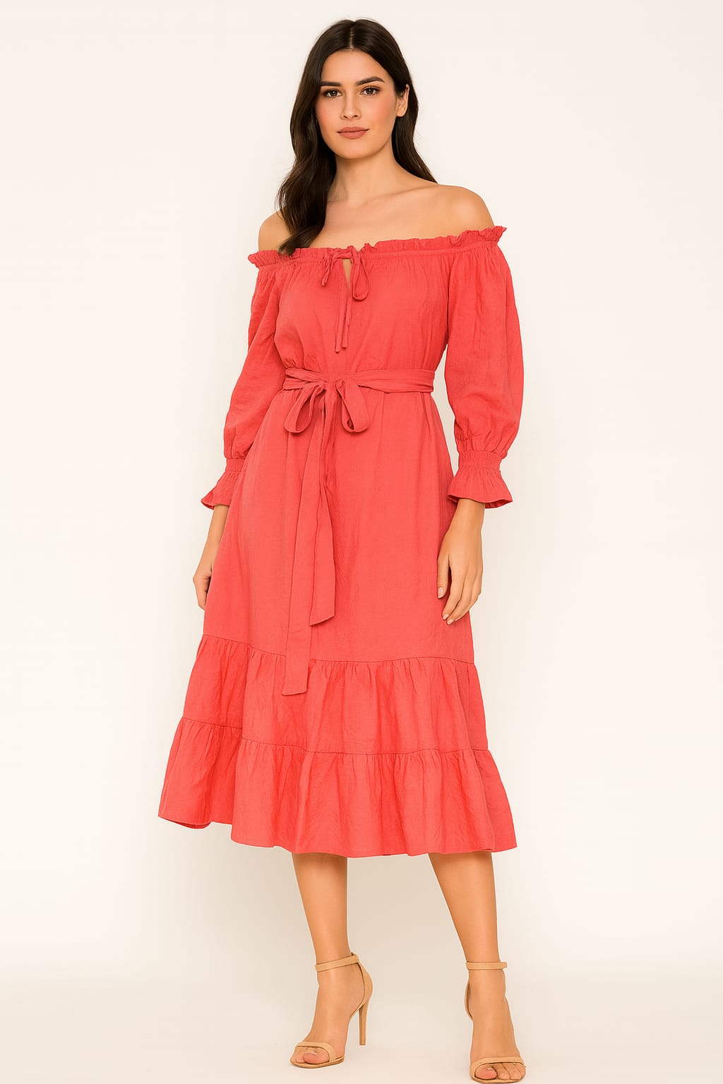 Off Shoulder Long Sleeve Layered Tie Up Viscose Midi Dress