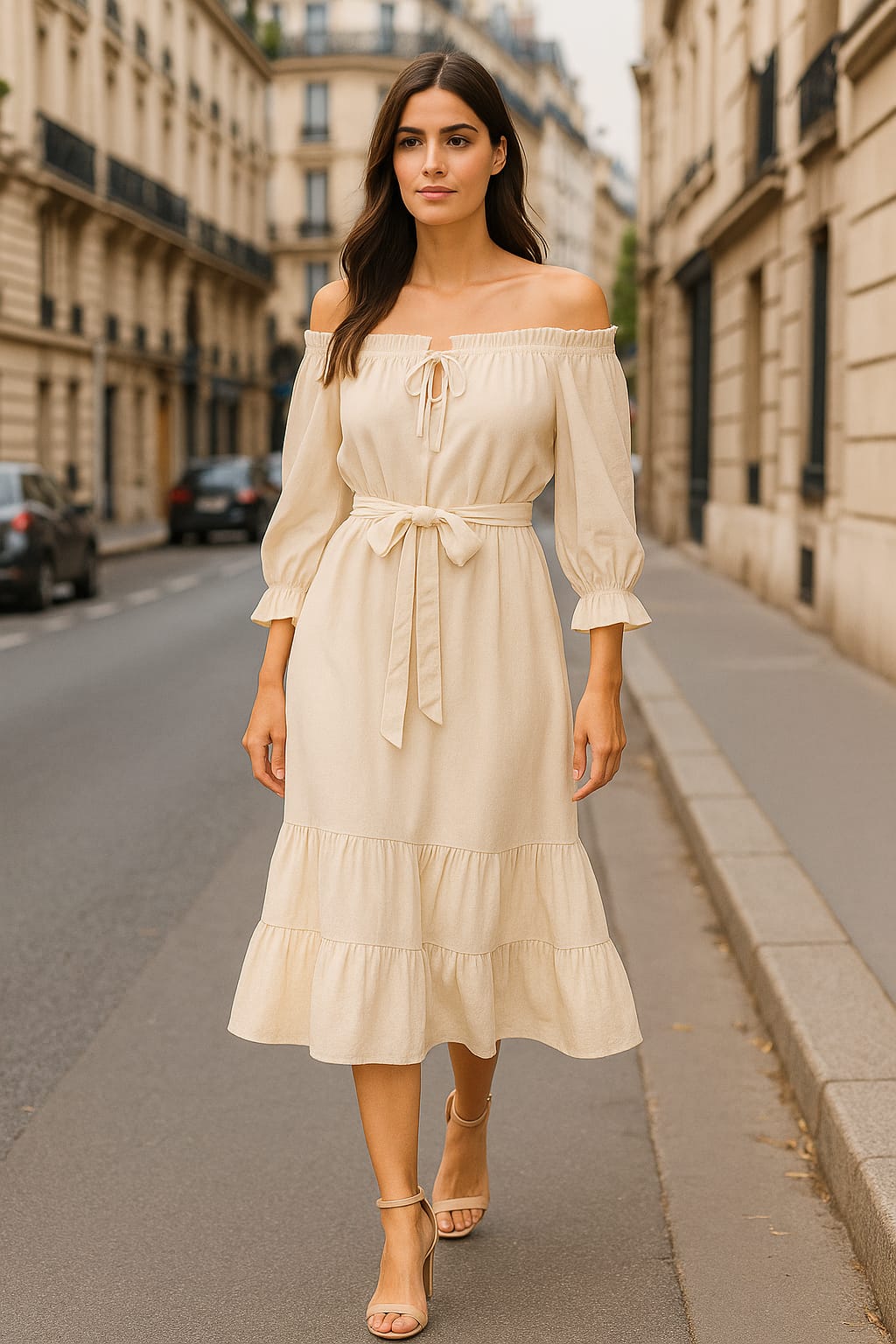 Off Shoulder Long Sleeve Layered Tie Up Viscose Midi Dress