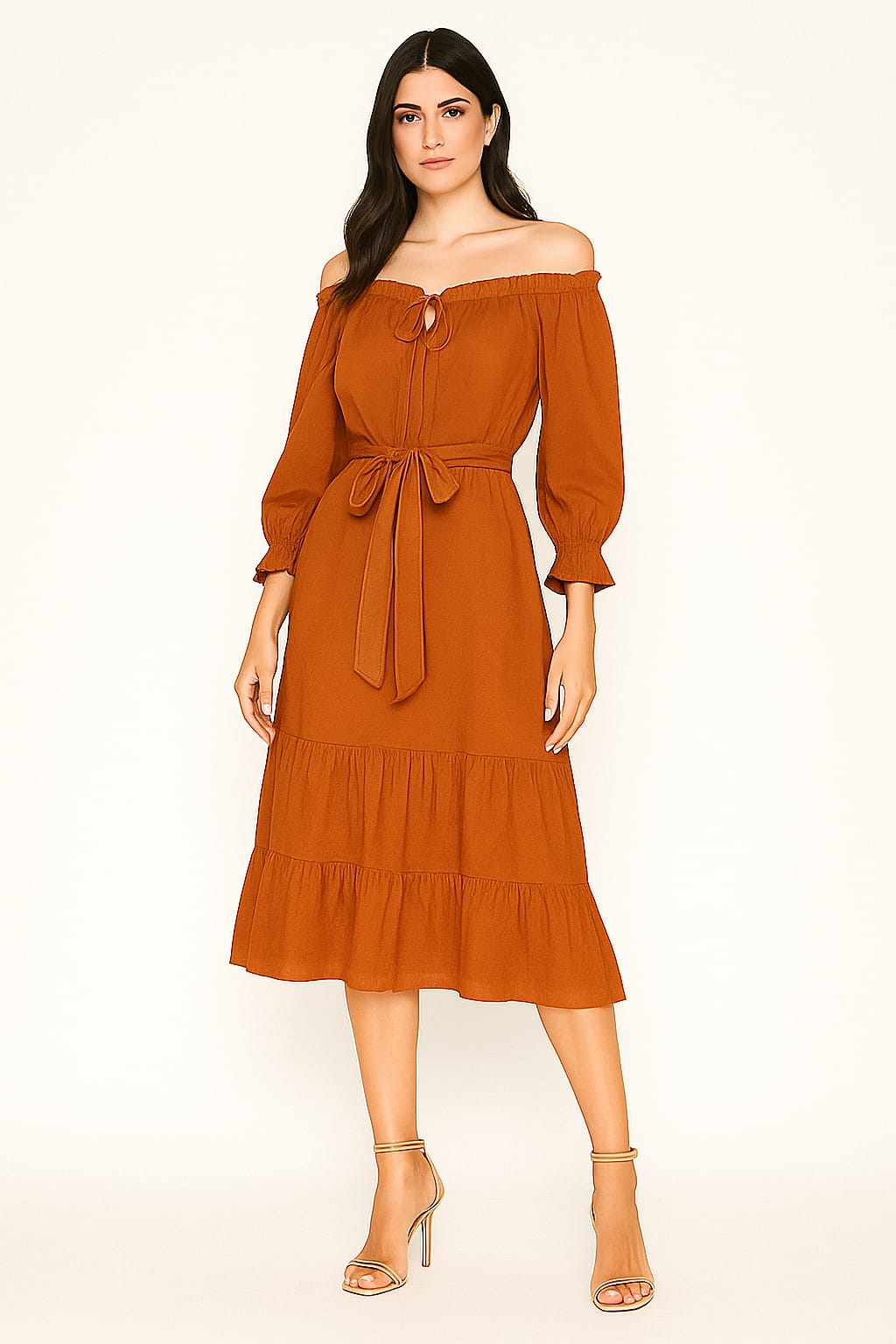 Off Shoulder Long Sleeve Layered Tie Up Viscose Midi Dress