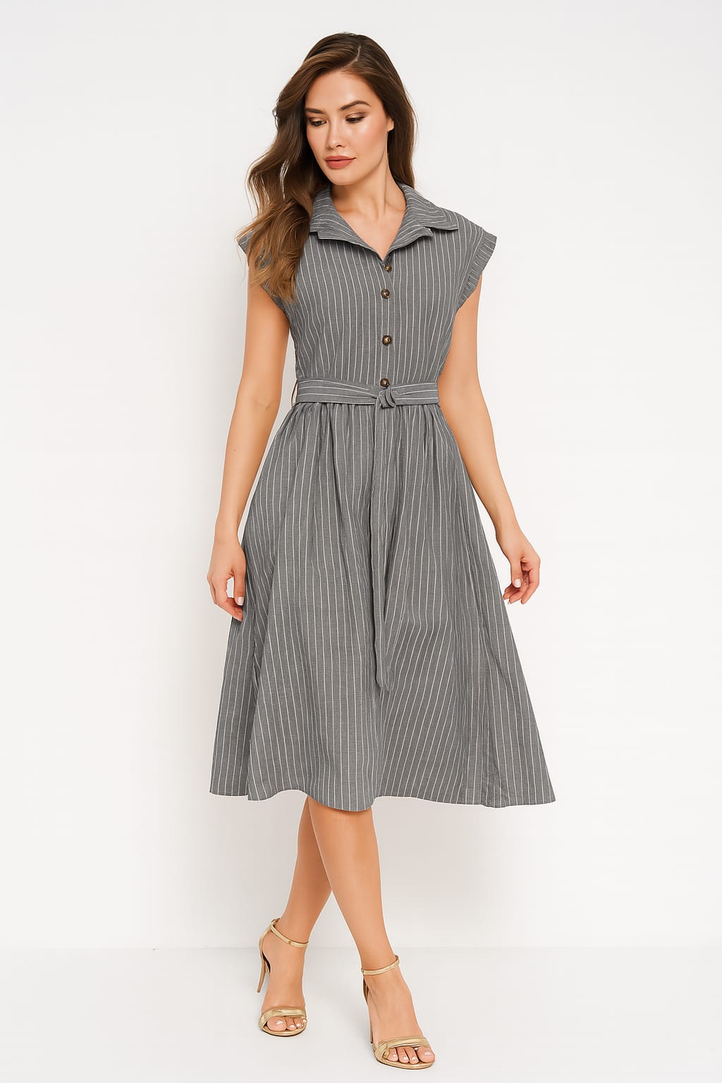 Wholesale Women's Button Detail Belted Flowy A-Line Cotton Stripy Midi Dress (PACK OF 6)
