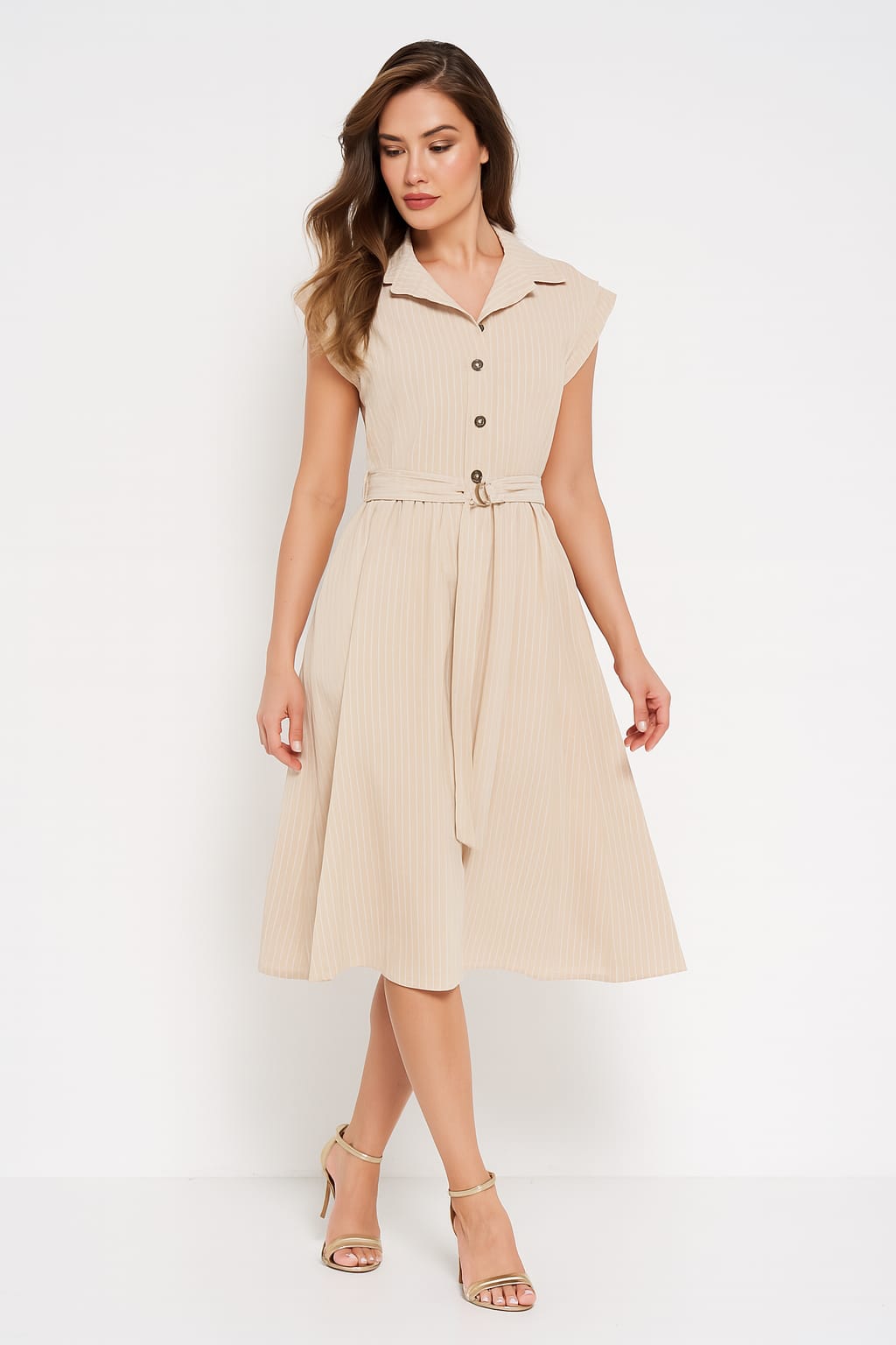 Wholesale Women's Button Detail Belted Flowy A-Line Cotton Stripy Midi Dress (PACK OF 6)