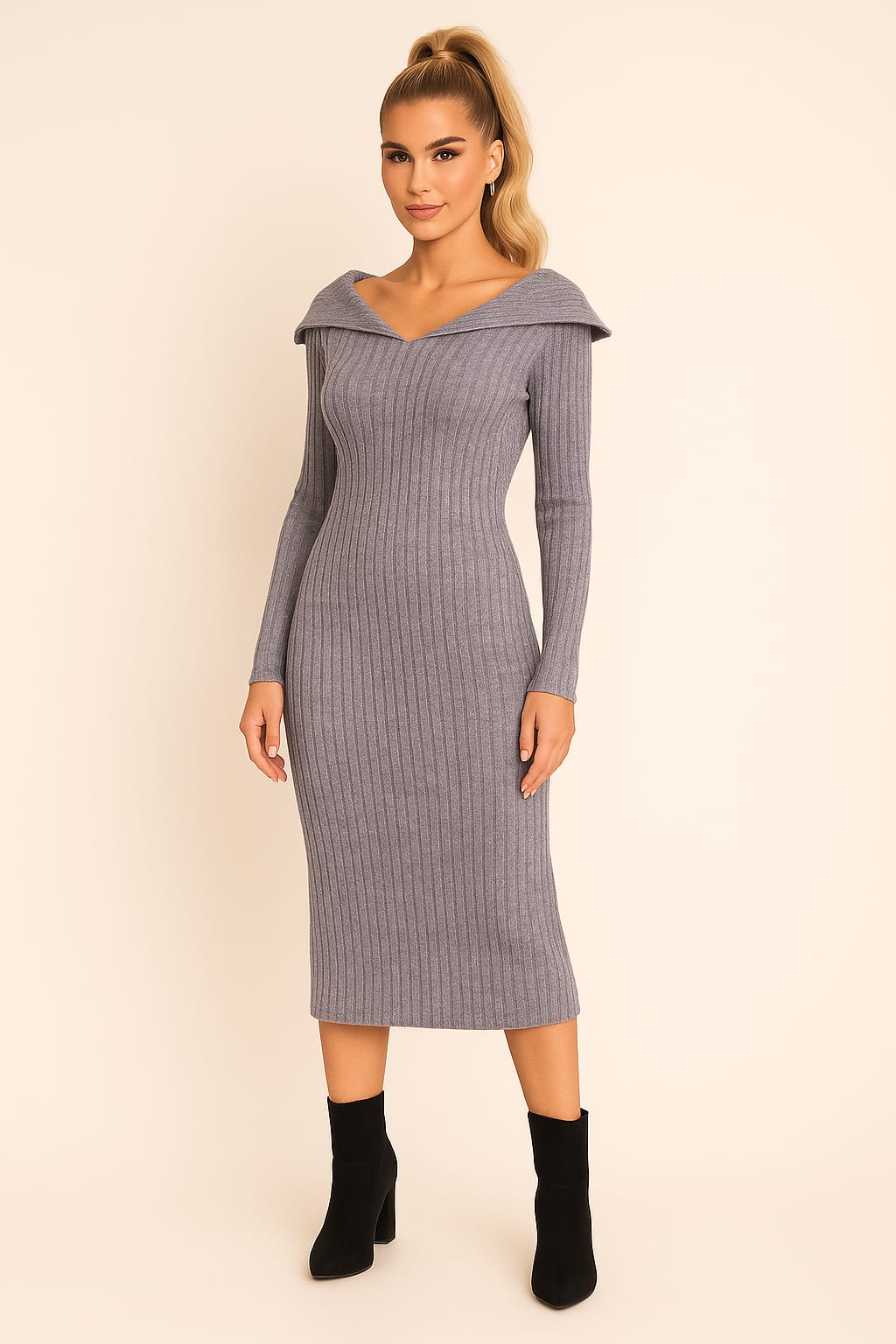 Sailor Collar Ribbed Viscose Blend Knit Midaxi Dress
