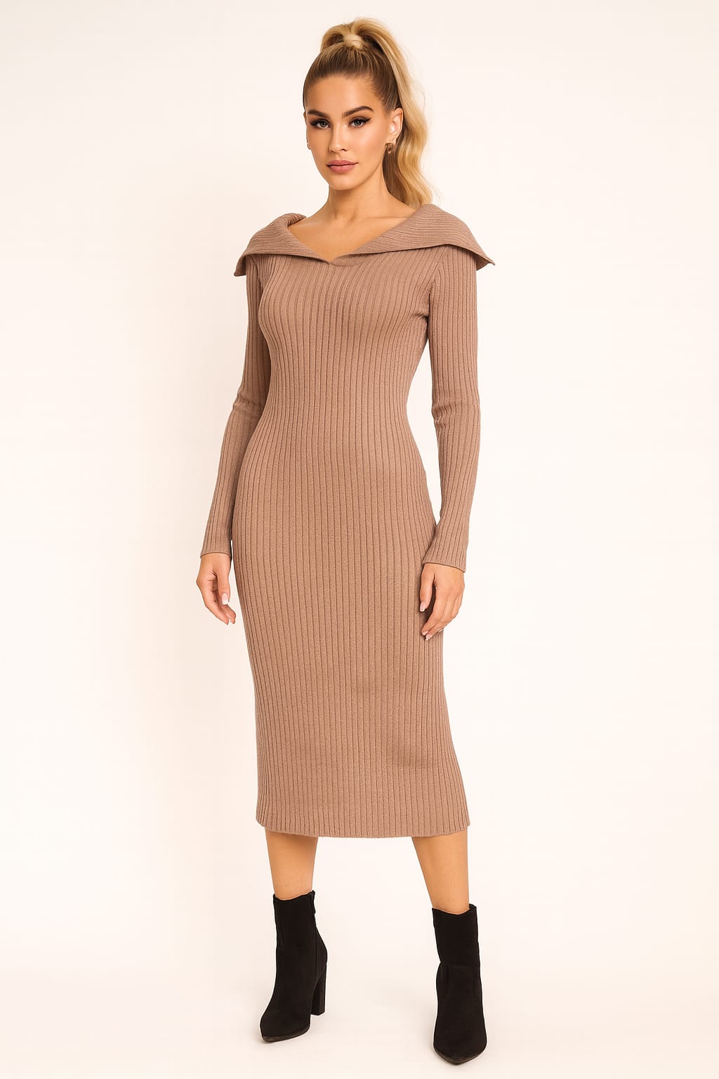Sailor Collar Ribbed Viscose Blend Knit Midaxi Dress