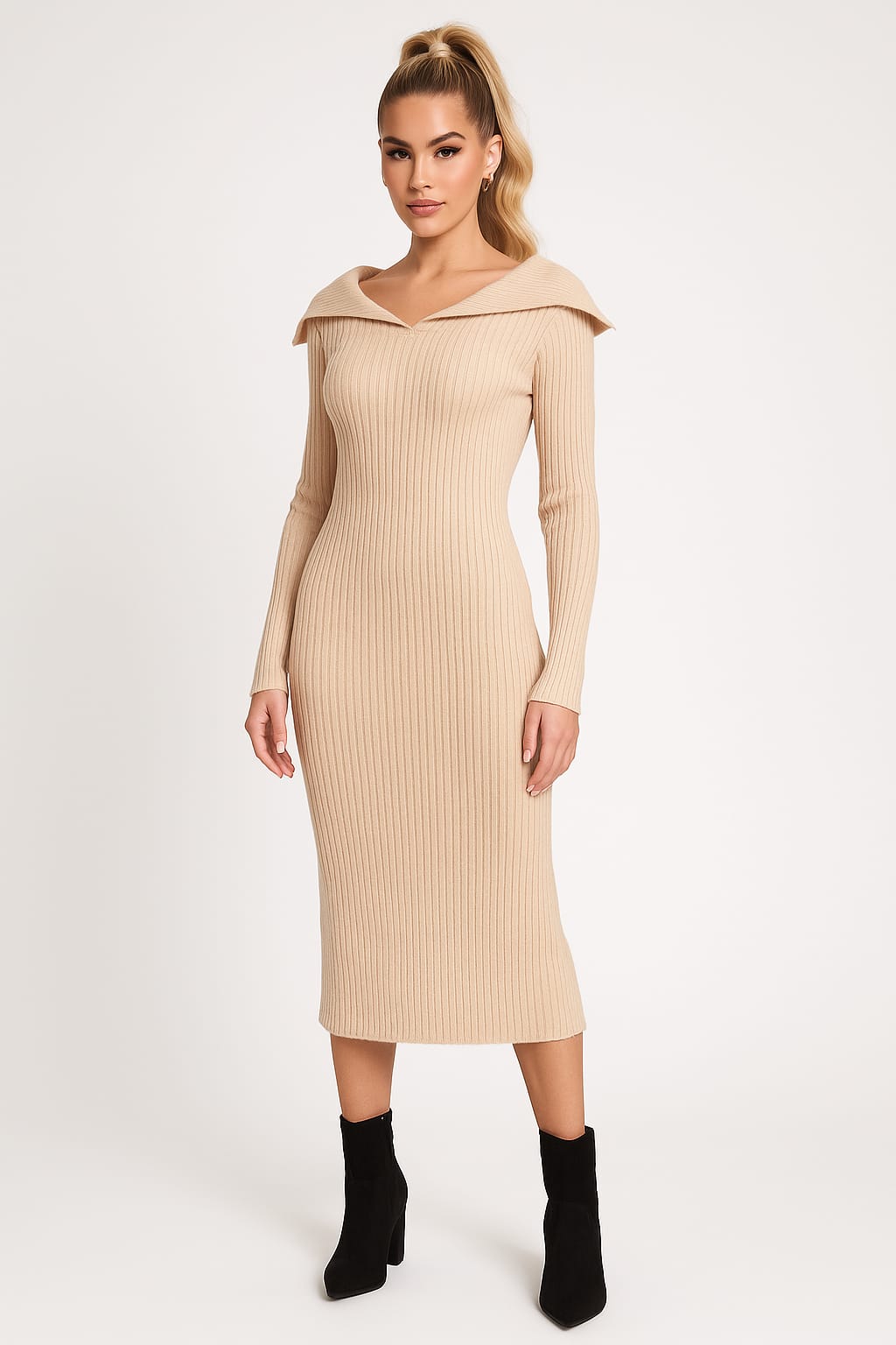 Sailor Collar Ribbed Viscose Blend Knit Midaxi Dress