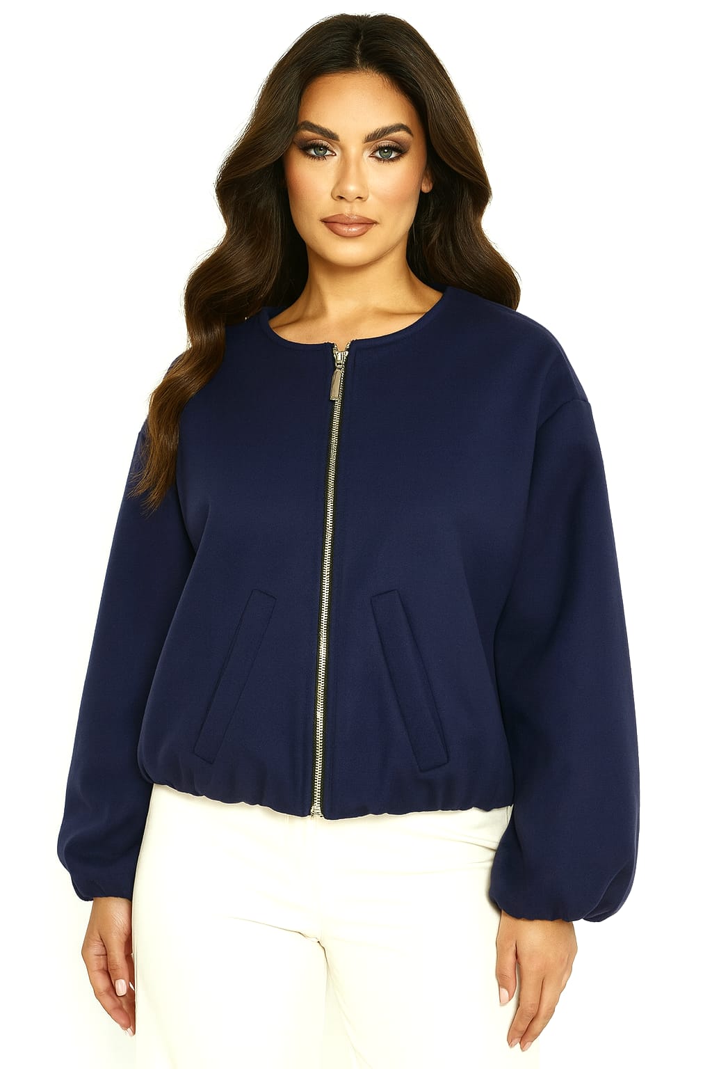 Boxy Style Balloon Sleeve Cropped Zip Flanel Jacket