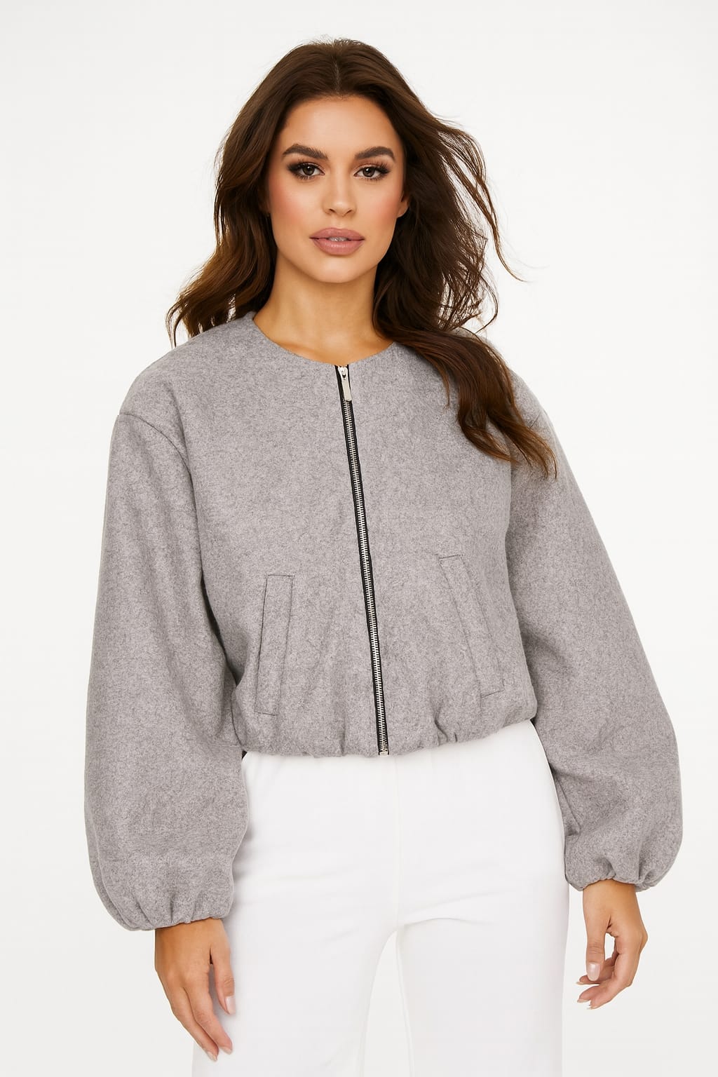 Boxy Style Balloon Sleeve Cropped Zip Flanel Jacket