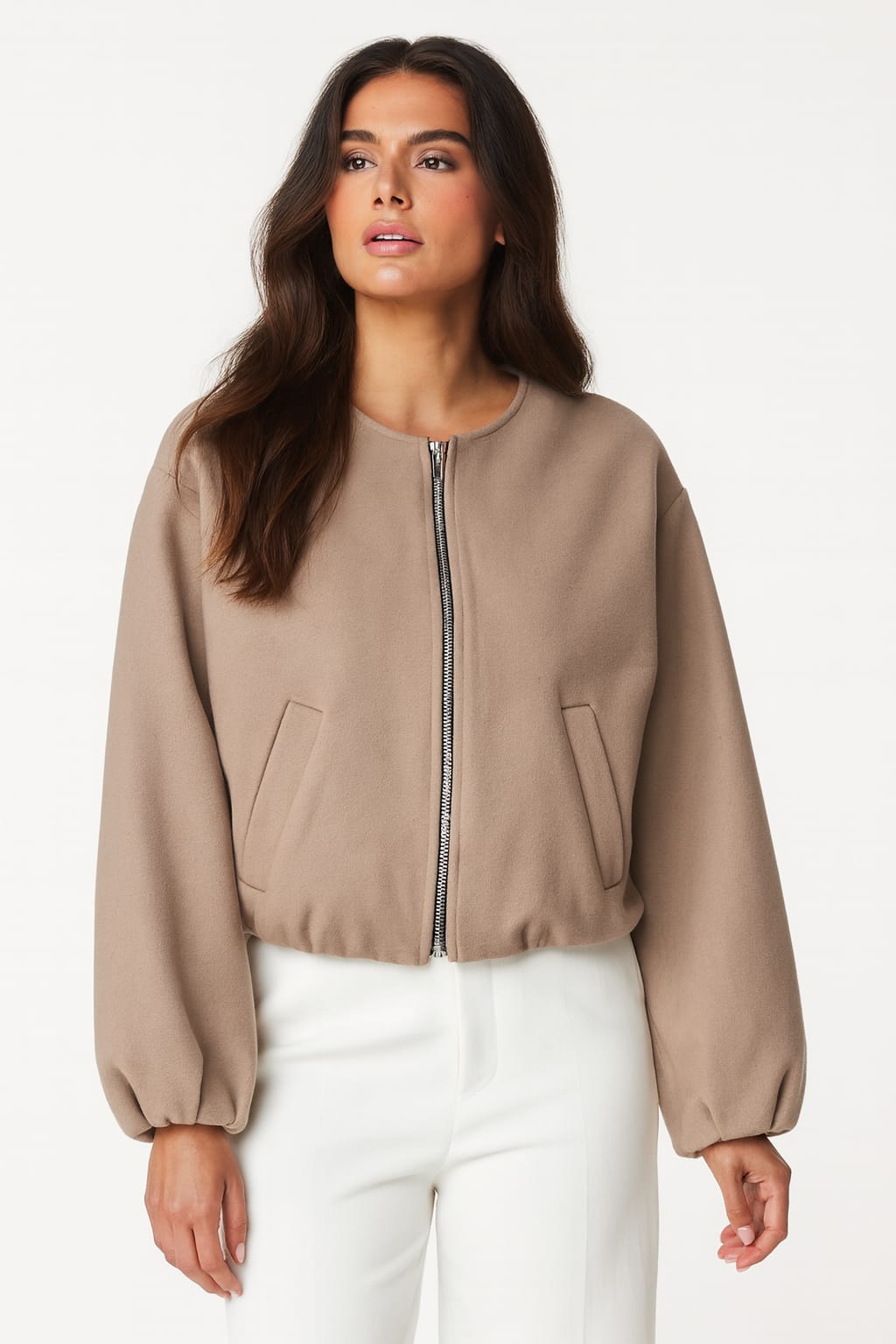 Boxy Style Balloon Sleeve Cropped Zip Flanel Jacket