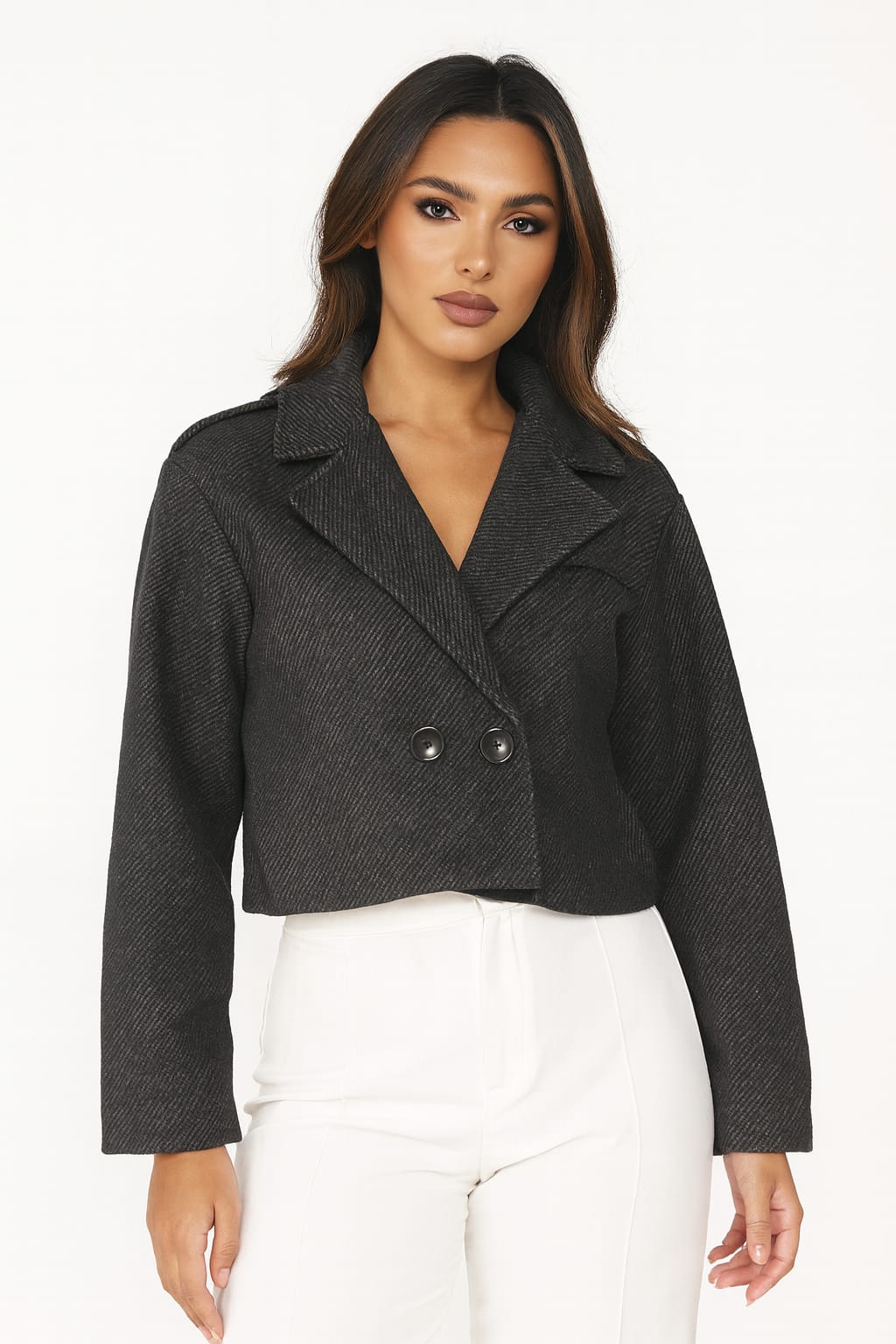Relaxed Fit Herringbone Stripe Texture Double Lapel Breasted Cropped Jacket