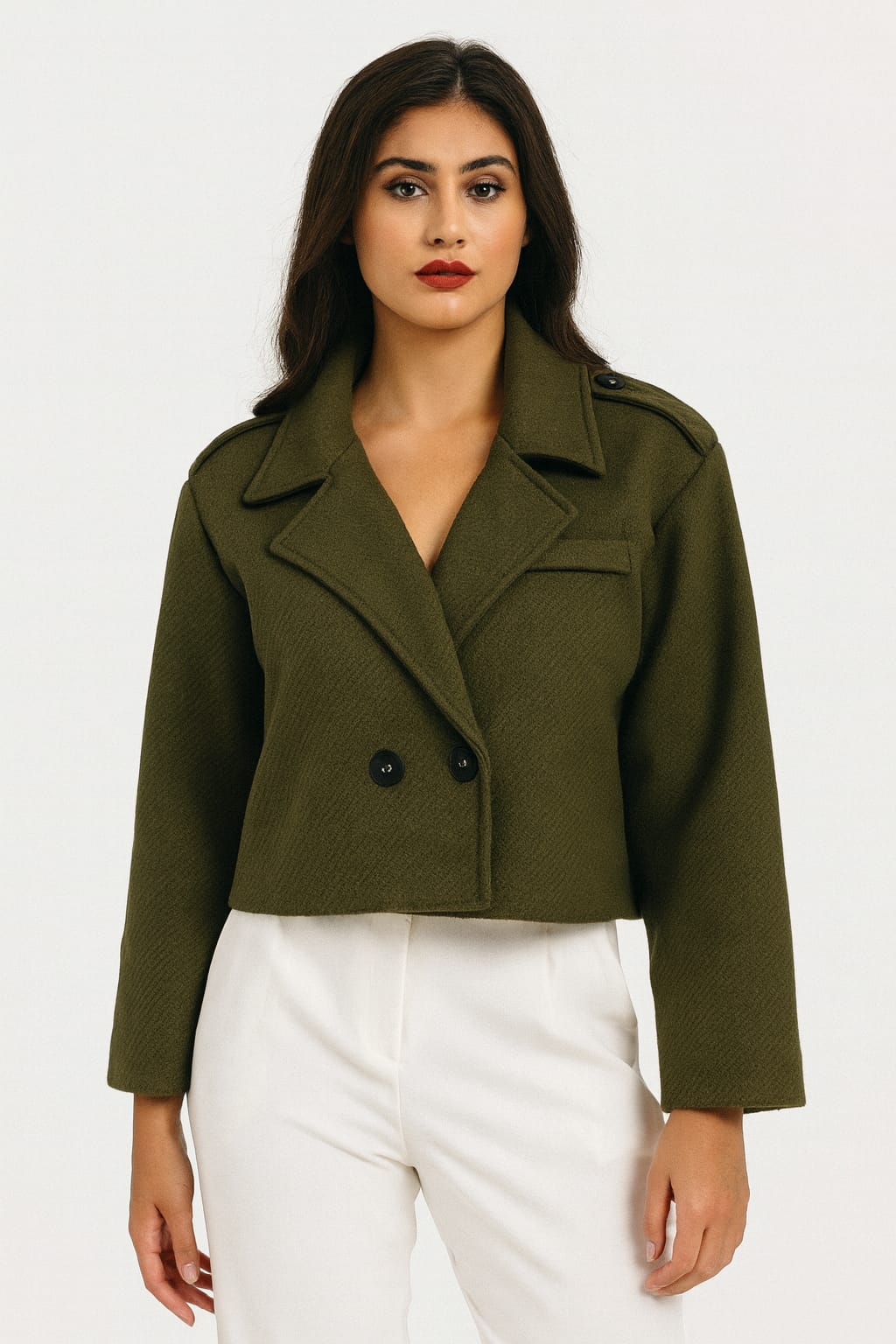 Relaxed Fit Herringbone Stripe Texture Double Lapel Breasted Cropped Jacket