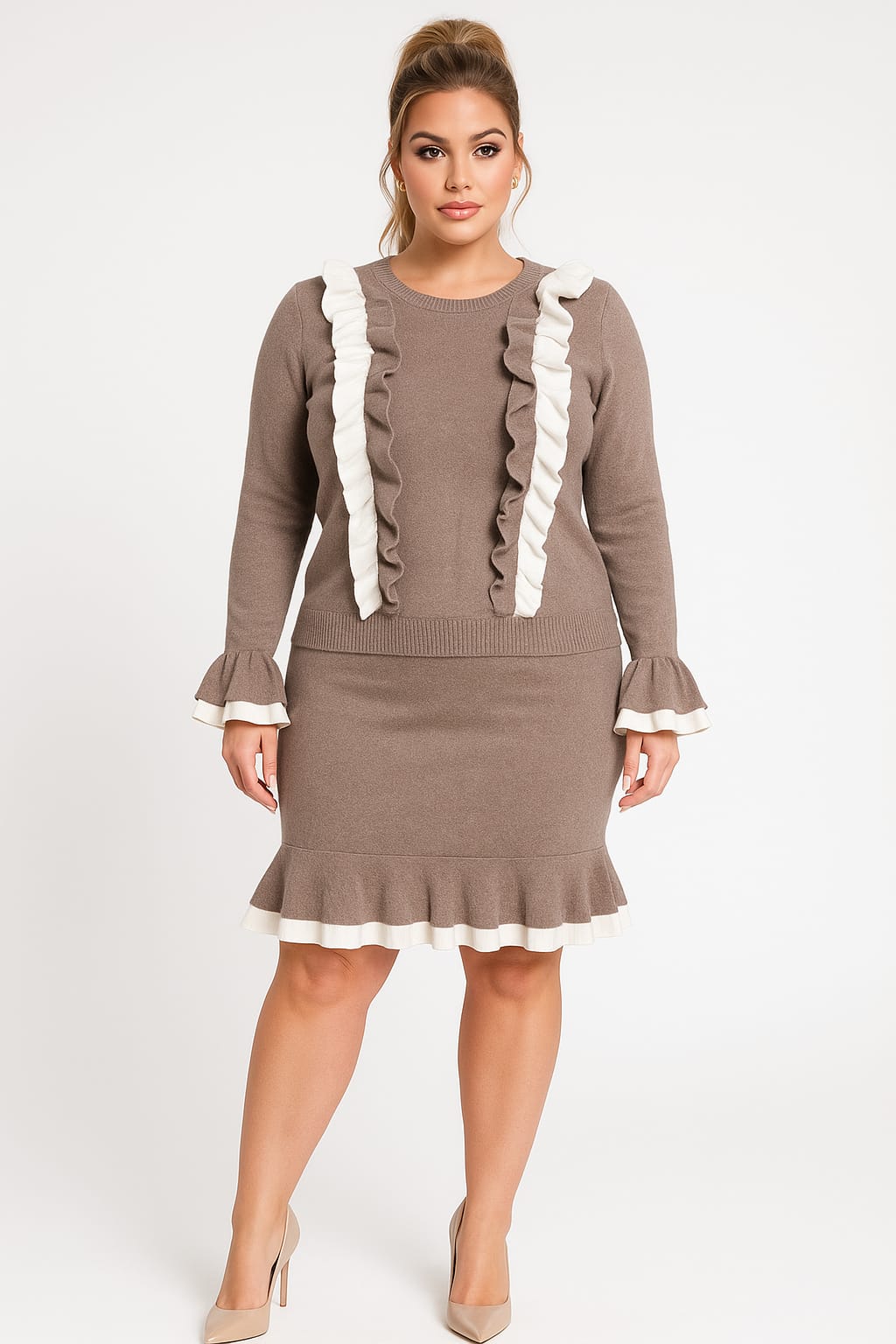 Beige Layered Contrast Frills Flat Knit Pullover And Skirt Set
