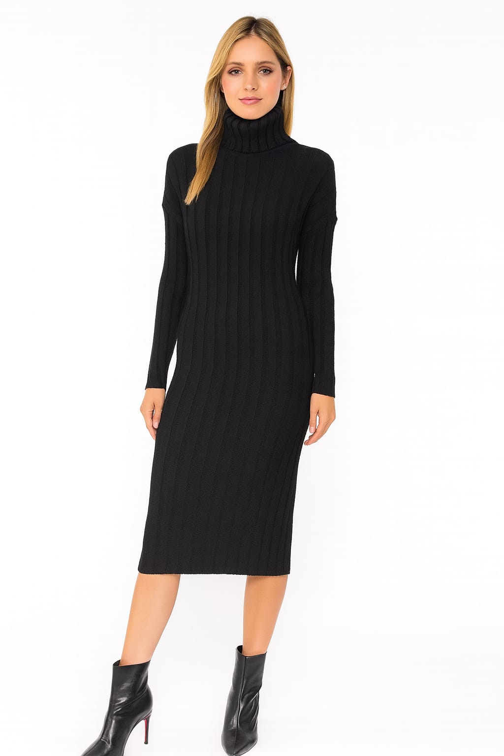 Turtle Neck Ribbed Knitted Midi Dress