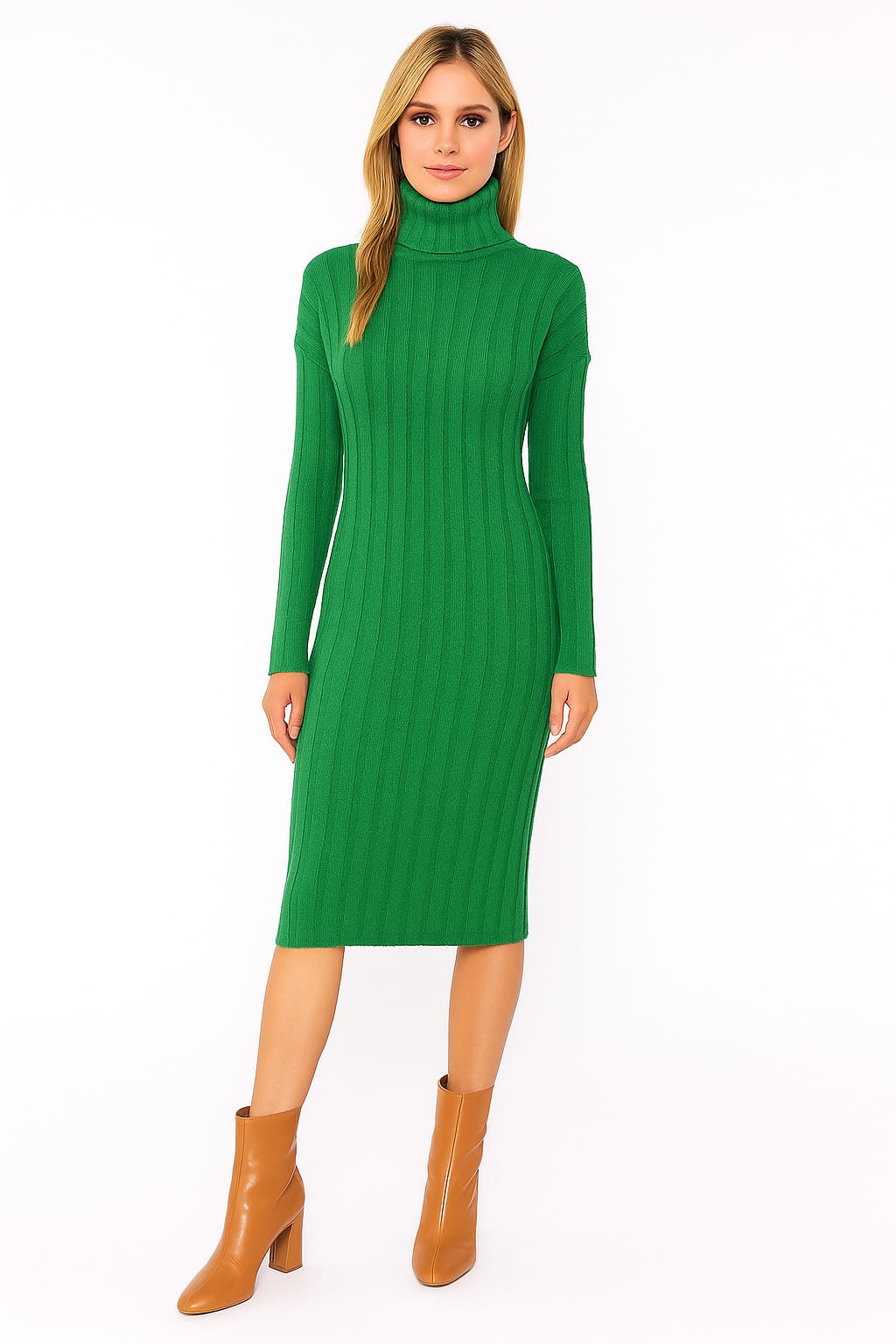 Turtle Neck Ribbed Knitted Midi Dress