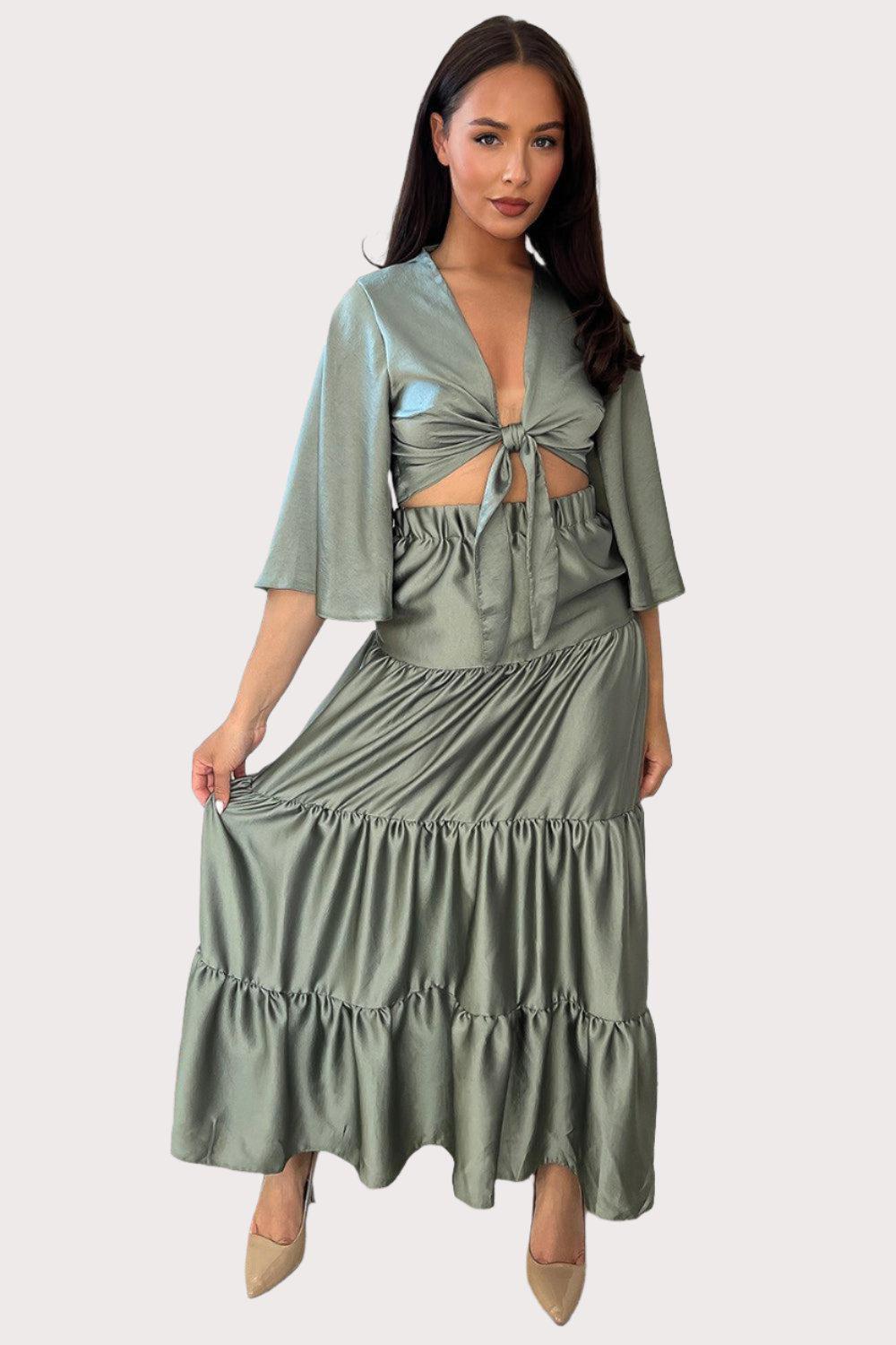 Crop Tie Up Top And Tiered Skirt Set-SinglePrice