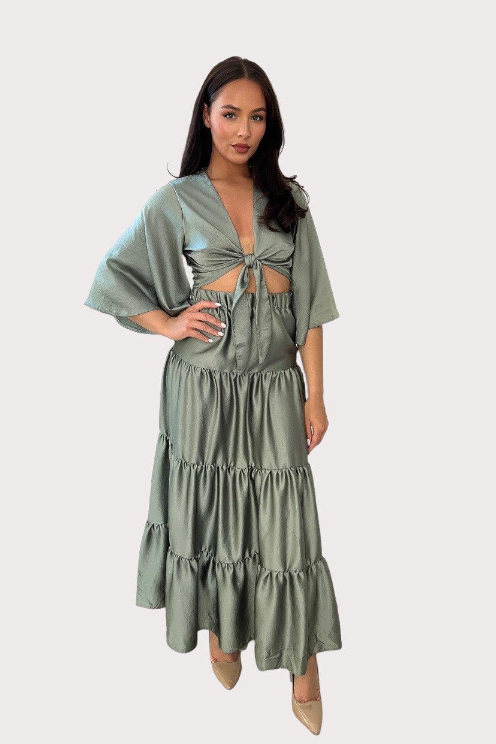 Crop Tie Up Top And Tiered Skirt Set-SinglePrice