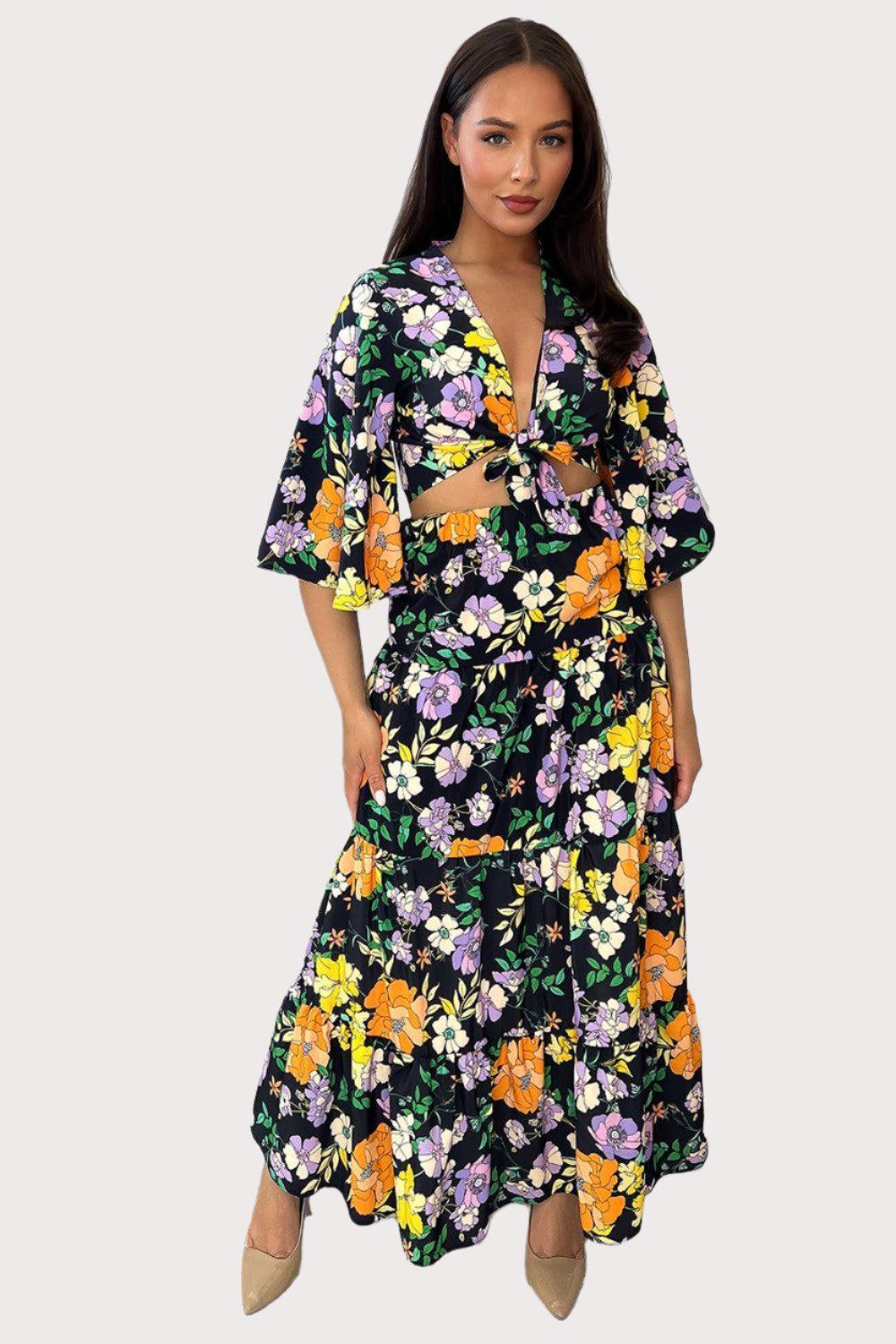 Crop Tie Up Top And Tiered Skirt Set-SinglePrice