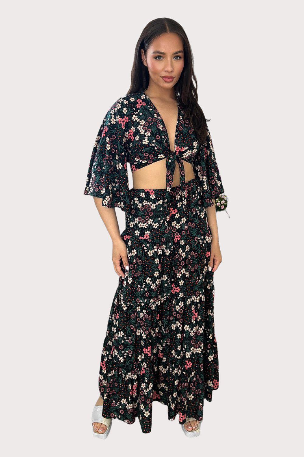 Crop Tie Up Top And Tiered Skirt Set-SinglePrice