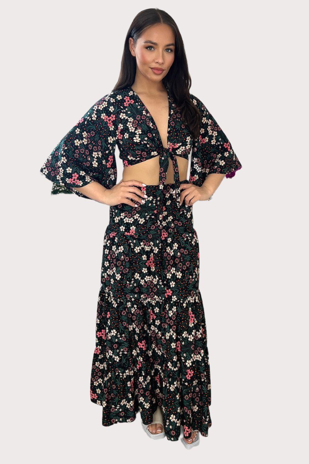 Crop Tie Up Top And Tiered Skirt Set-SinglePrice