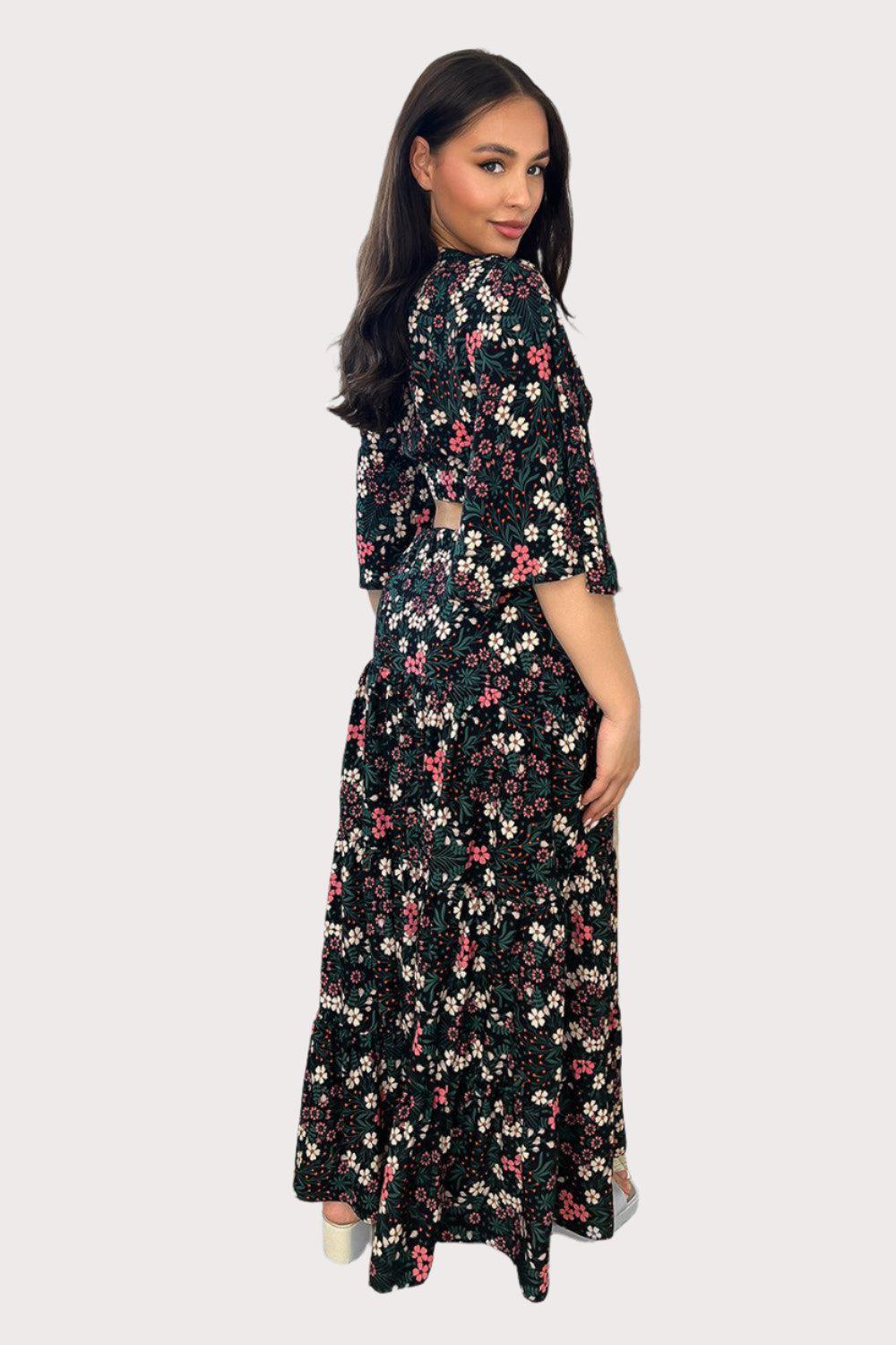 Crop Tie Up Top And Tiered Skirt Set-SinglePrice