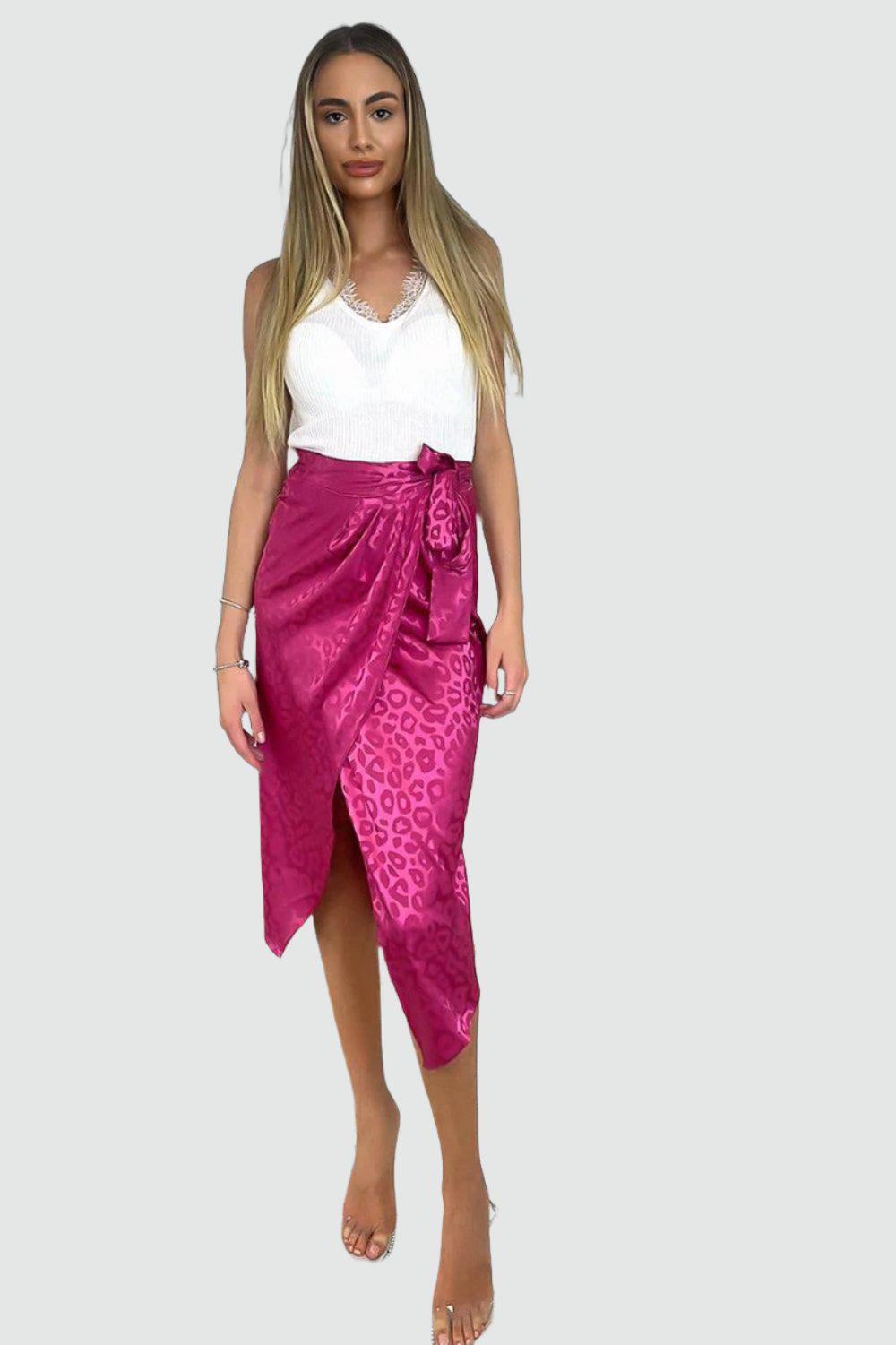 Fuchsia Leopard Pattern Wrap Over Midi Skirt-SinglePrice