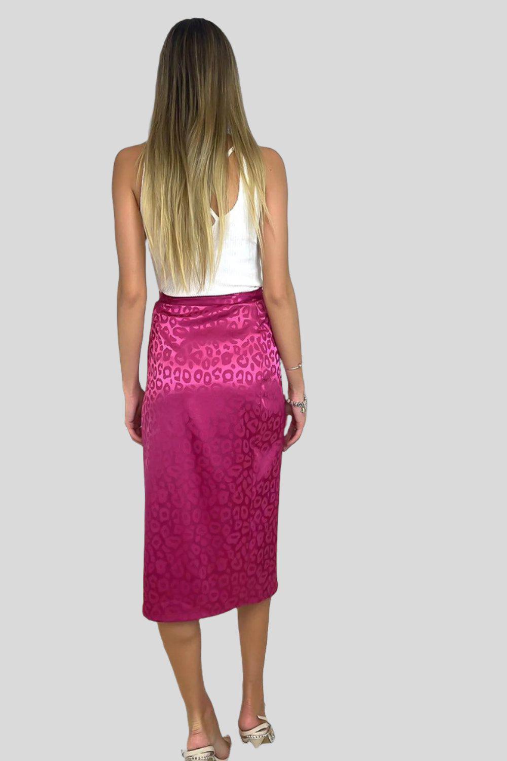 Fuchsia Leopard Pattern Wrap Over Midi Skirt-SinglePrice