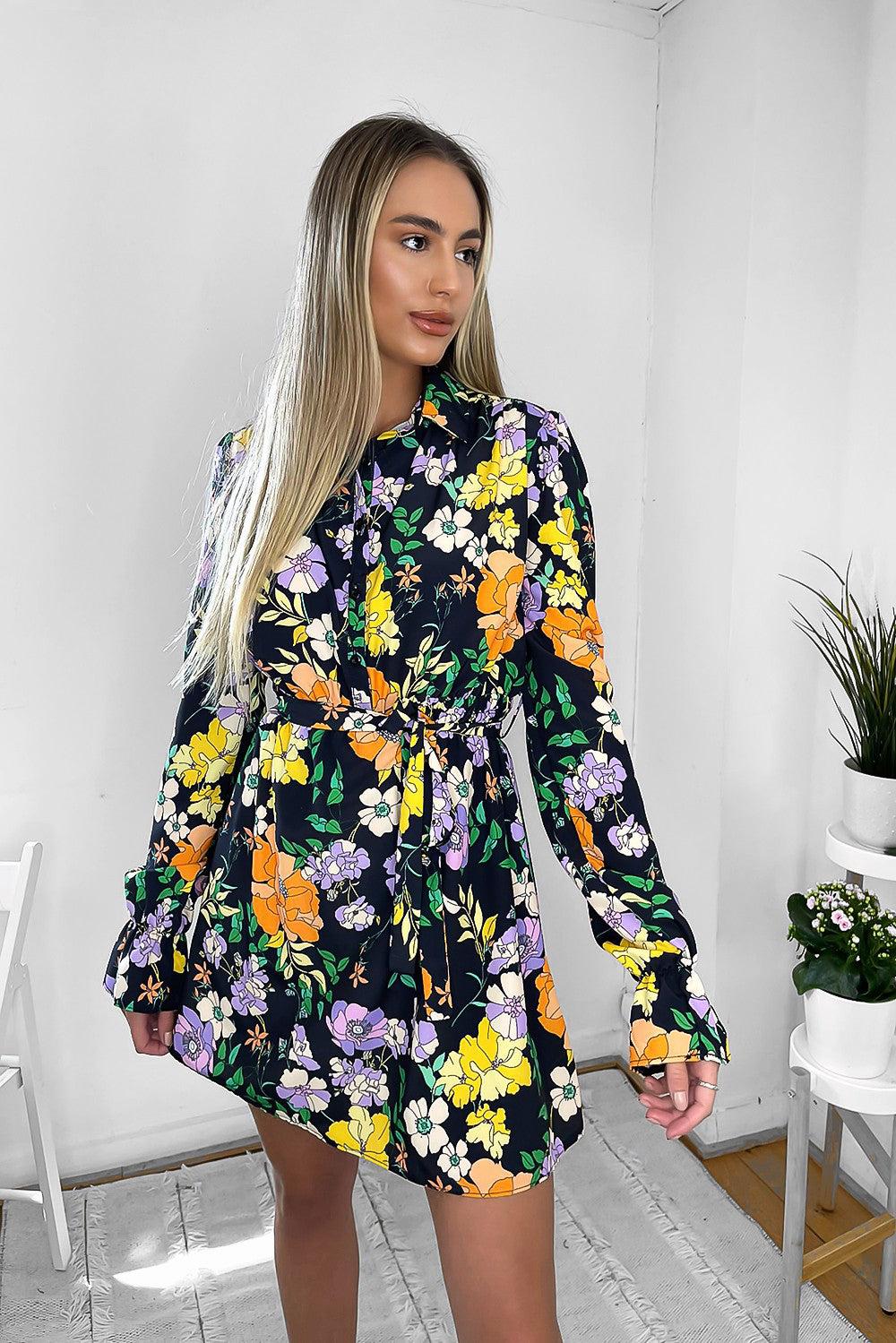 Colourful Print Half Buttoned Shirt Dress-SinglePrice