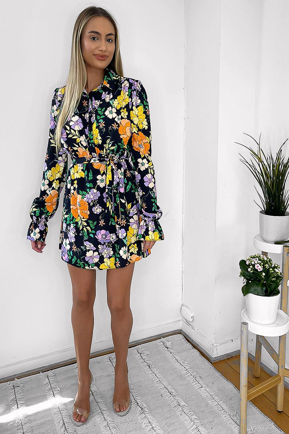 Colourful Print Half Buttoned Shirt Dress-SinglePrice