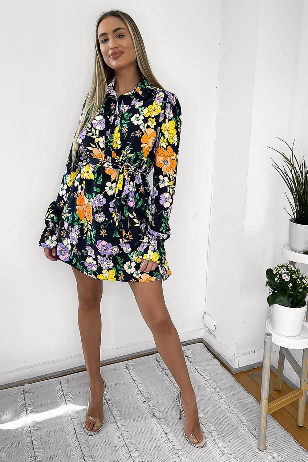 Colourful Print Half Buttoned Shirt Dress-SinglePrice
