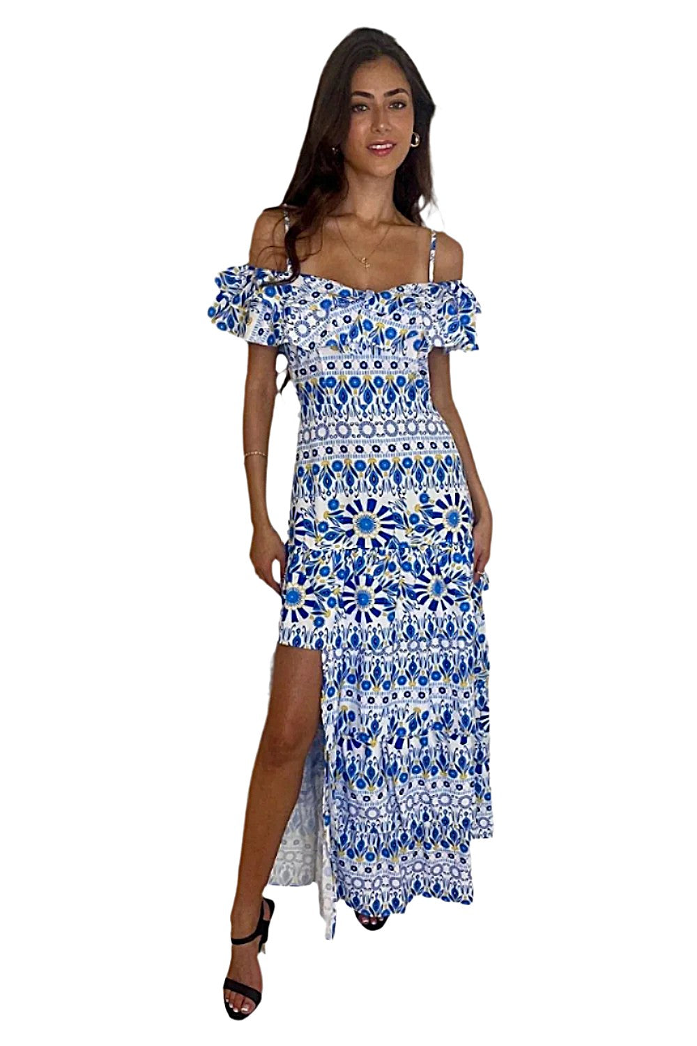 Side Slit Frill Off Shoulder Vibrant Print Spanish Maxi Dress