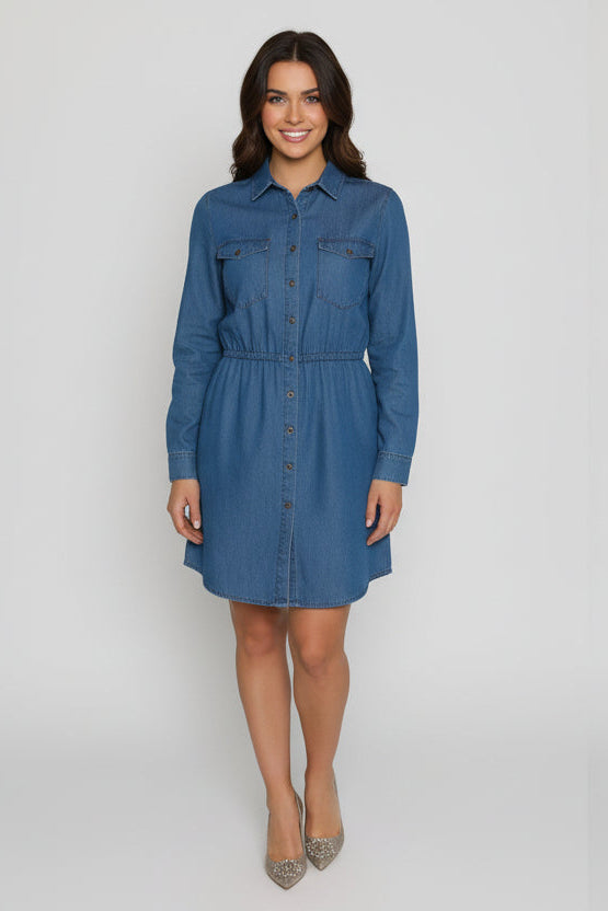 Wholesale Women's Elasticated Waist Long Sleeve Button Down Denim Shirt Dress (BOX OF 26)