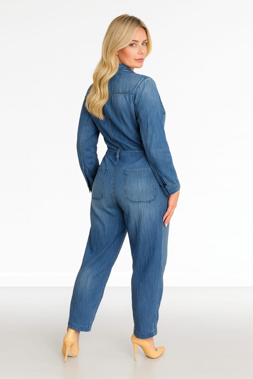 Washed Faded Denim Smart Collar Lightweight Jumpsuit