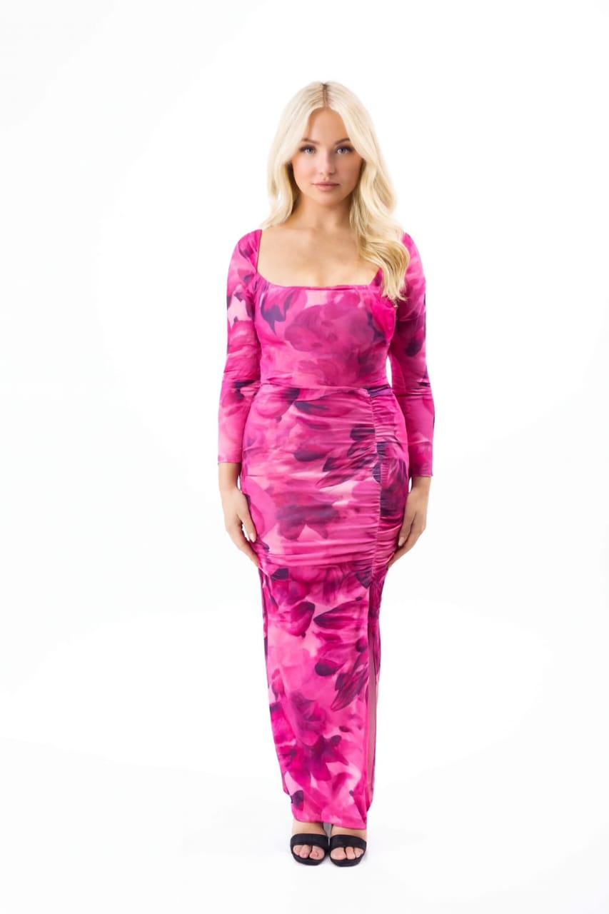 Watercolour Print Crisscross Tie Back Ruched Side Slit Padded Maxi Dress