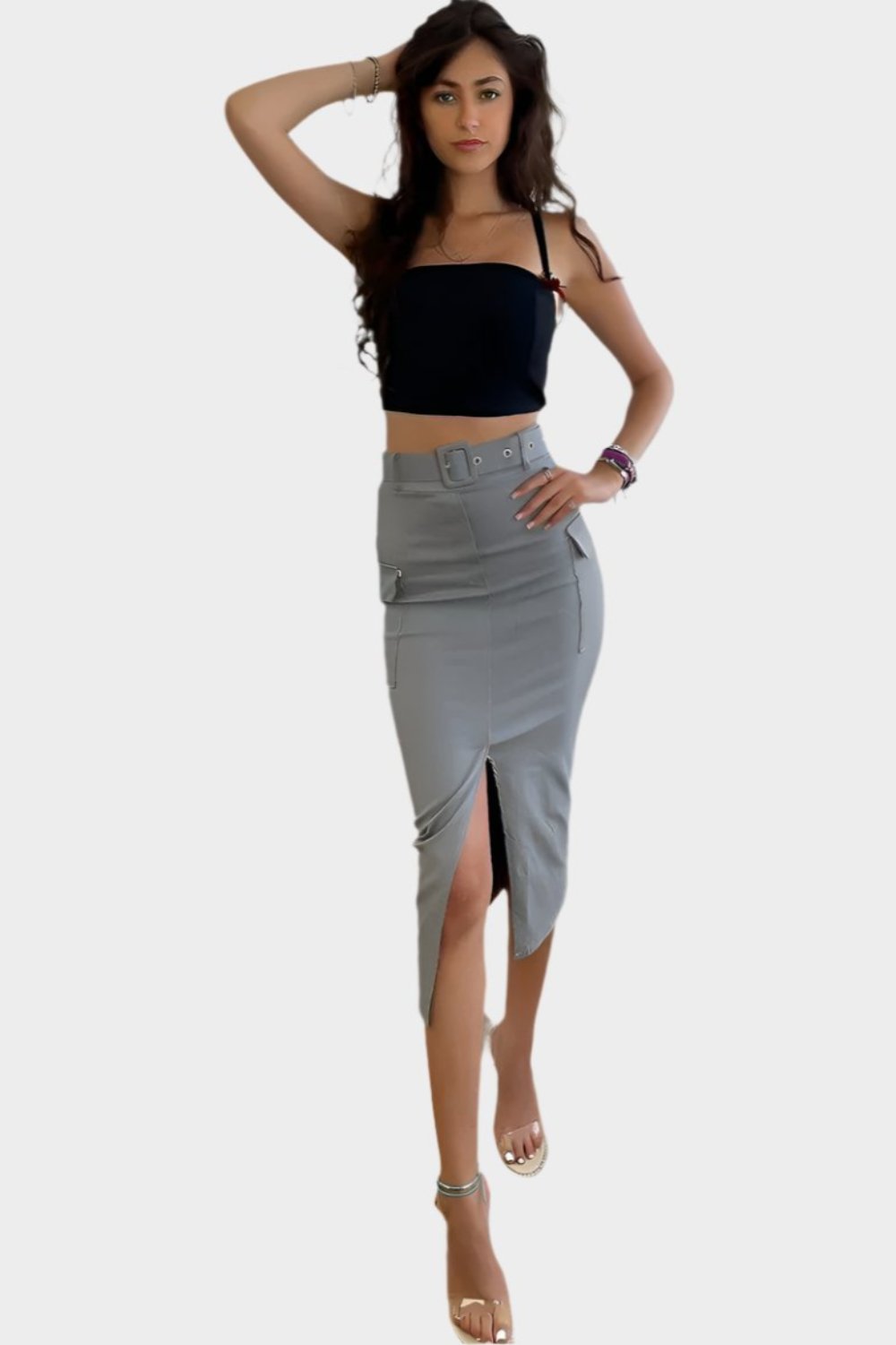 Front Split Midi Belted Cargo Skirt