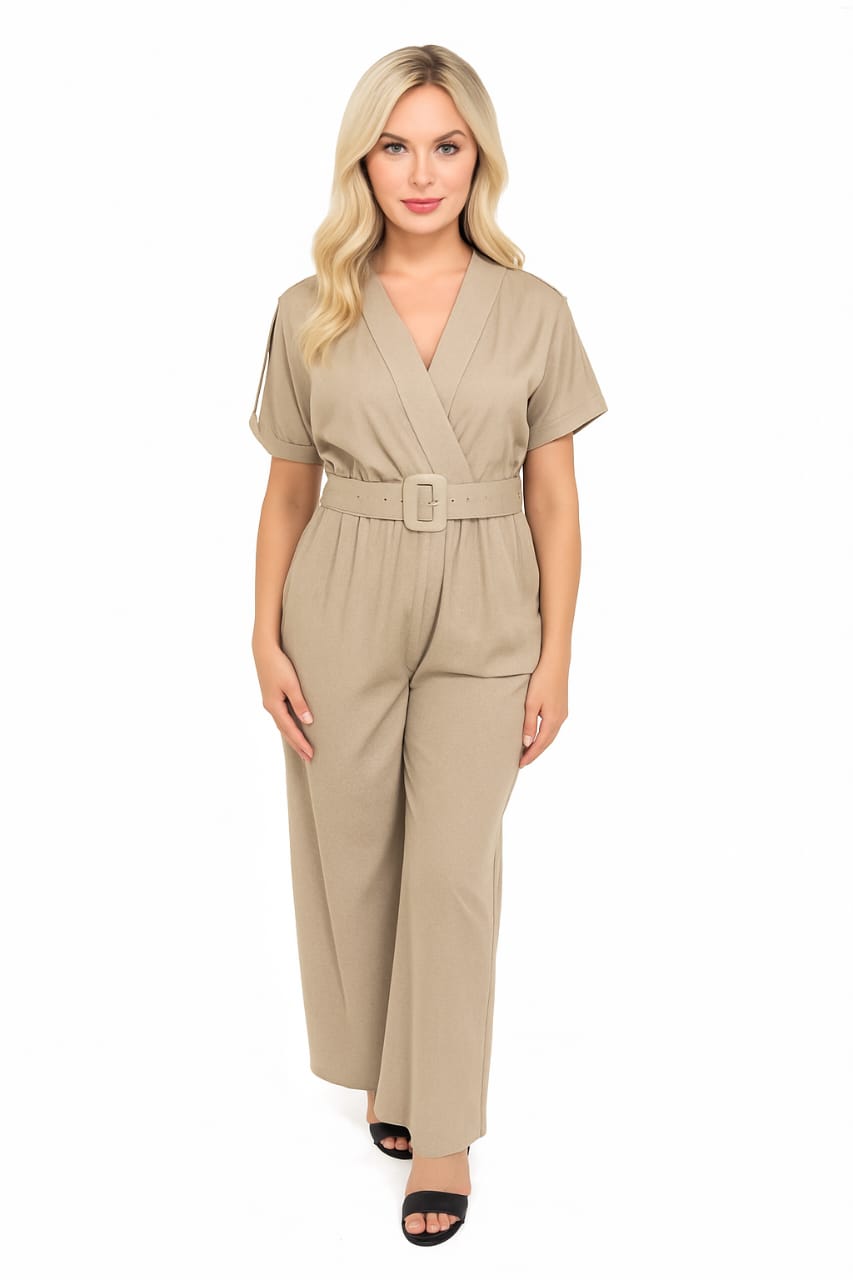 Low Cut Neck Belted Straight Leg Jumpsuit