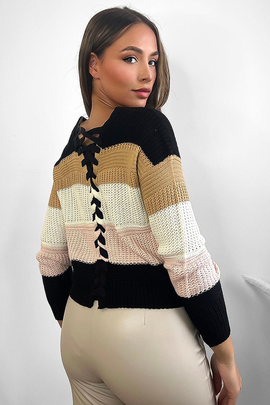 Laced Up Back V-Neck Stripy Pullover-SinglePrice